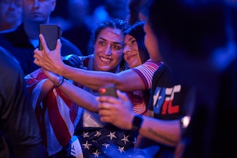 DALLAS, TX - SEPTEMBER 08:  Tatiana Suarez celebrates after defeating Carla Esparza during the UFC 228 event at American Airlines Center on September 8, 2018 in Dallas, Texas. (Photo by Cooper Neill/Zuffa LLC/Zuffa LLC via Getty Images)