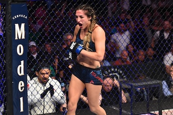 DALLAS, TX - SEPTEMBER 08:  Tatiana Suarez celebrates after her TKO victory over Carla Esparza in their women's strawweight fight during the UFC 228 event at American Airlines Center on September 8, 2018 in Dallas, Texas. (Photo by Josh Hedges/Zuffa LLC/Z