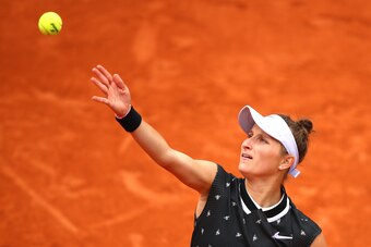 PARIS, FRANCE - JUNE 07: Marketa Vondrousova of The Czech Republic serves during her ladies singles semi-final match against Johanna Konta of Great Britain during Day thirteen of the 2019 French Open at Roland Garros on June 07, 2019 in Paris, France. (Ph
