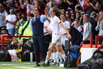 WALSALL, ENGLAND - MAY 25:  Philip Neville, Head Coach of England Women congratulates Jill Scott after she scores her team's second goal  during the International Friendly between England Women and Denmark Women at Bank's Stadium on May 25, 2019 in Walsal