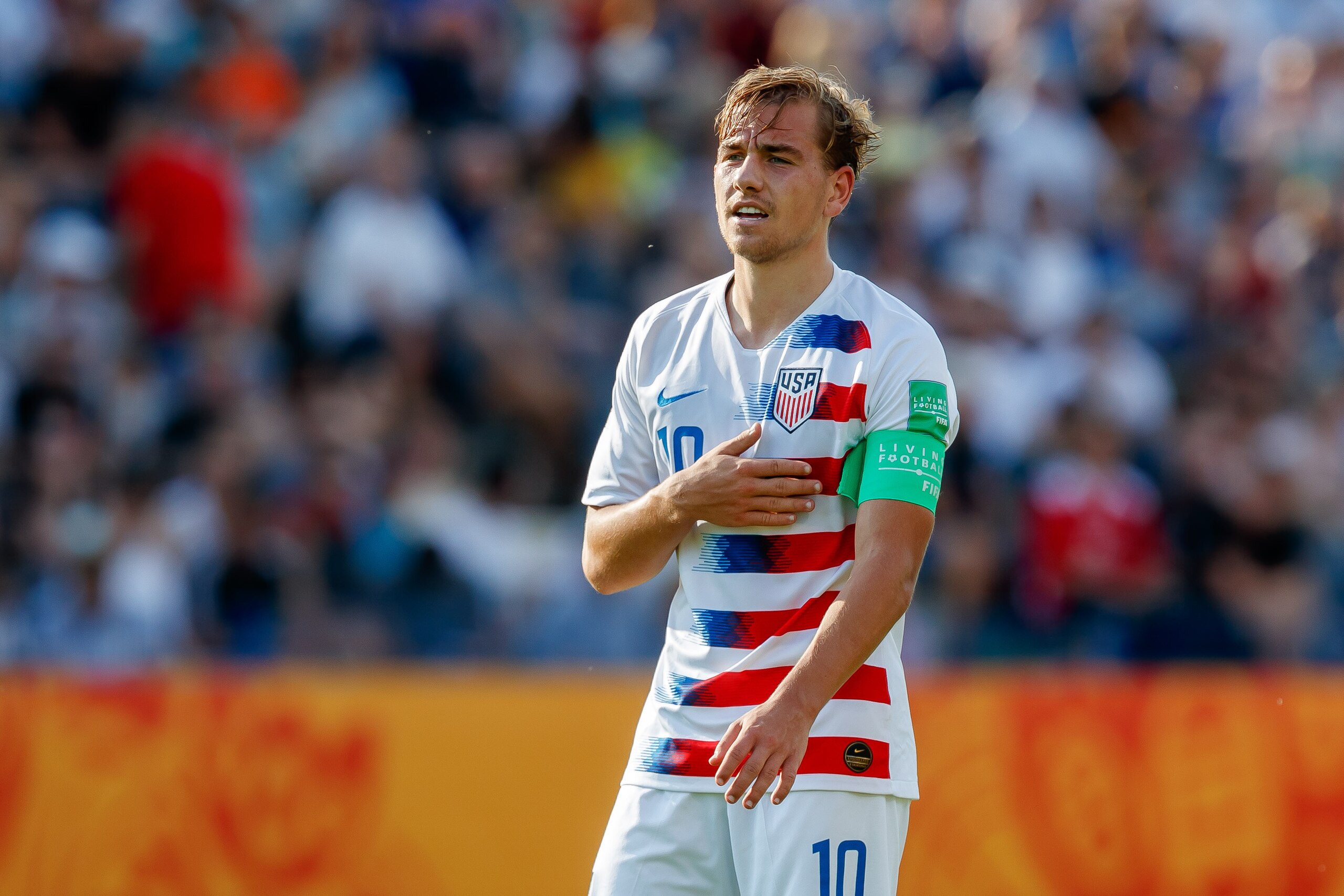 BYDOGOSZCZ, POLAND - JUNE 04: Paxton Pomykal of USA looks on during the 2019 FIFA U-20 World Cup Round of 16 match between France and USA at Zdzislaw-Krzyszkowiak-Stadion on June 04, 2019 in Bydgoszcz, Poland. (Photo by TF-Images/Getty Images)