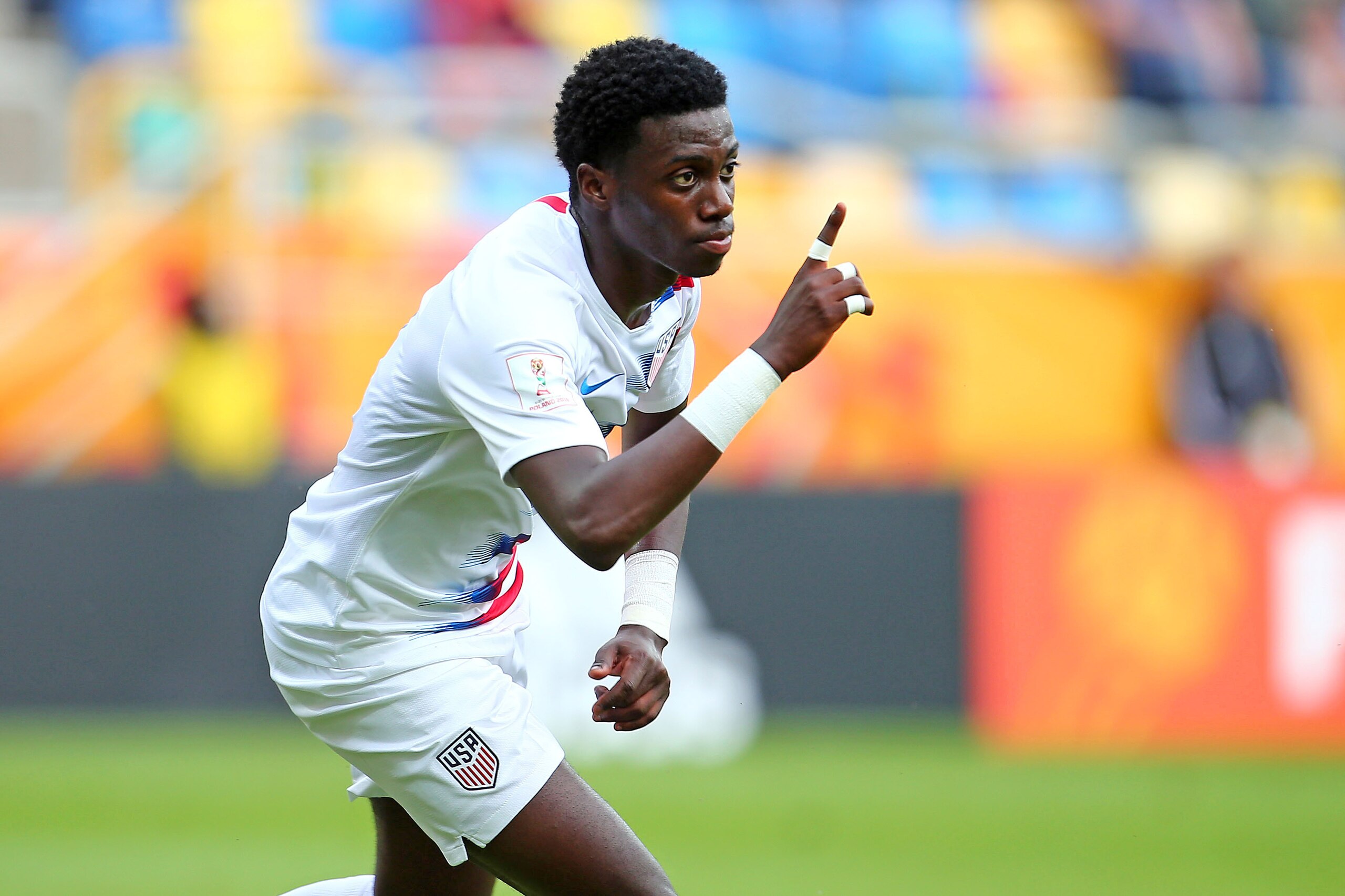 GDYNIA, POLAND - JUNE 8: Tim Weah of USA celebrates scoring a goal during the FIFA U-20 World Cup Quarter Final match between United States and Ecuador on June 8, 2019 in Gdynia, Poland. (Photo by Piotr Matusewicz/PressFocus/MB Media/Getty Images)