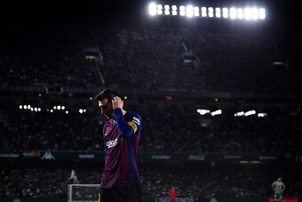 SEVILLE, SPAIN - MARCH 17: Lionel Messi of FC Barcelona looks on during the La Liga match between Real Betis Balompie and FC Barcelona at Estadio Benito Villamarin on March 17, 2019 in Seville, Spain. (Photo by Quality Sport Images/Getty Images)