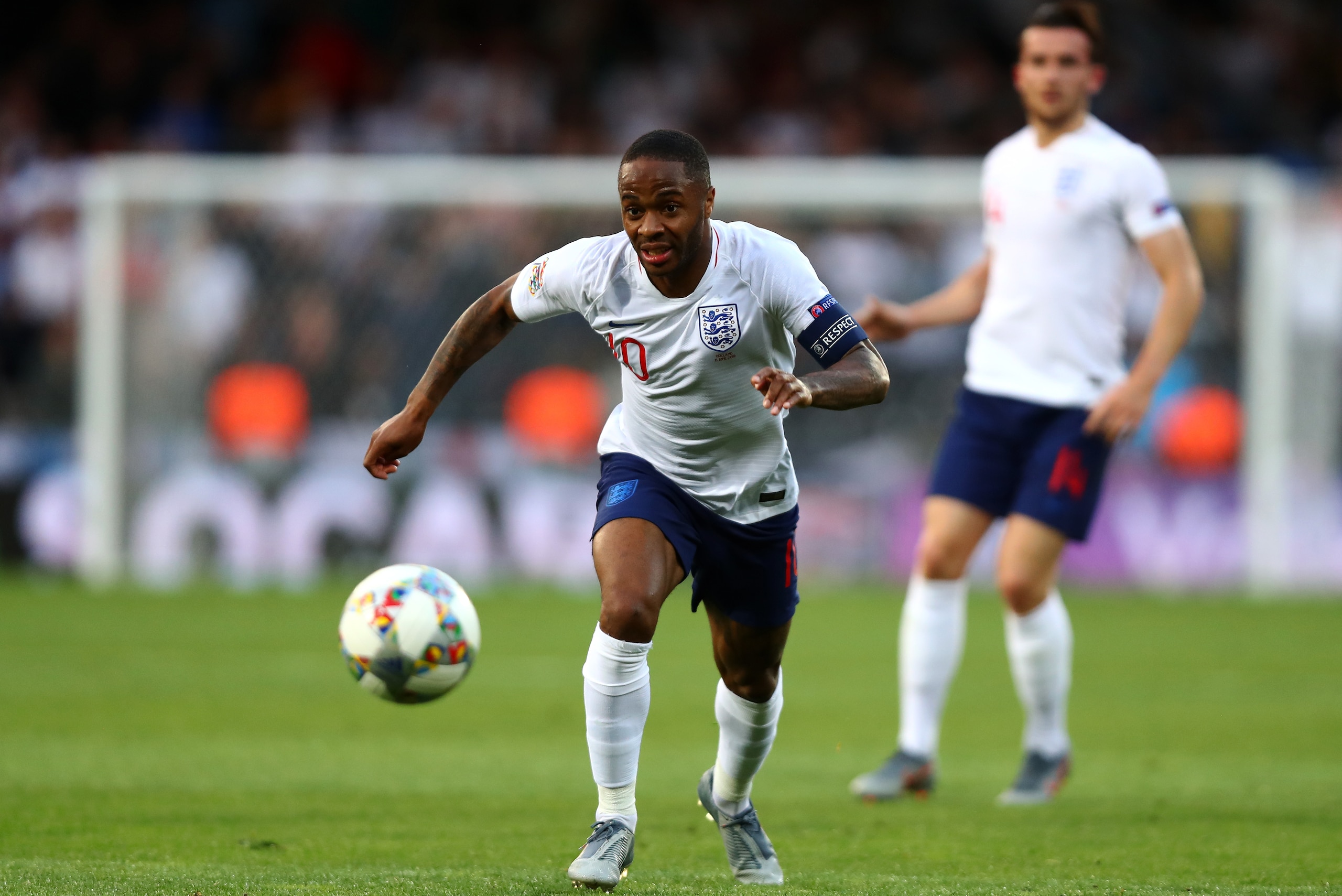 GUIMARAES, PORTUGAL - JUNE 06: Raheem Sterling of England in action during the UEFA Nations League Semi-Final match between the Netherlands and England at Estadio D. Afonso Henriques on June 06, 2019 in Guimaraes, Portugal. (Photo by Dean Mouhtaropoulos/G GUIMARAES, PORTUGAL - JUNE 06: Raheem Sterling of England in action during the UEFA Nations League Semi-Final match between the Netherlands and England at Estadio D. Afonso Henriques on June 06, 2019 in Guimaraes, Portugal. (Photo by Dean Mouhtaropoulos/G