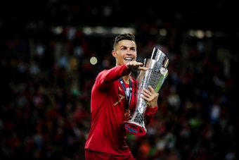 PORTO, PORTUGAL - JUNE 9: Cristiano Ronaldo of Portugal celebrates the victory with the trophy during the    match between Portugal v Holland at the Estadio do Dragao on June 9, 2019 in Porto Portugal (Photo by Erwin Spek/Soccrates/Getty Images)