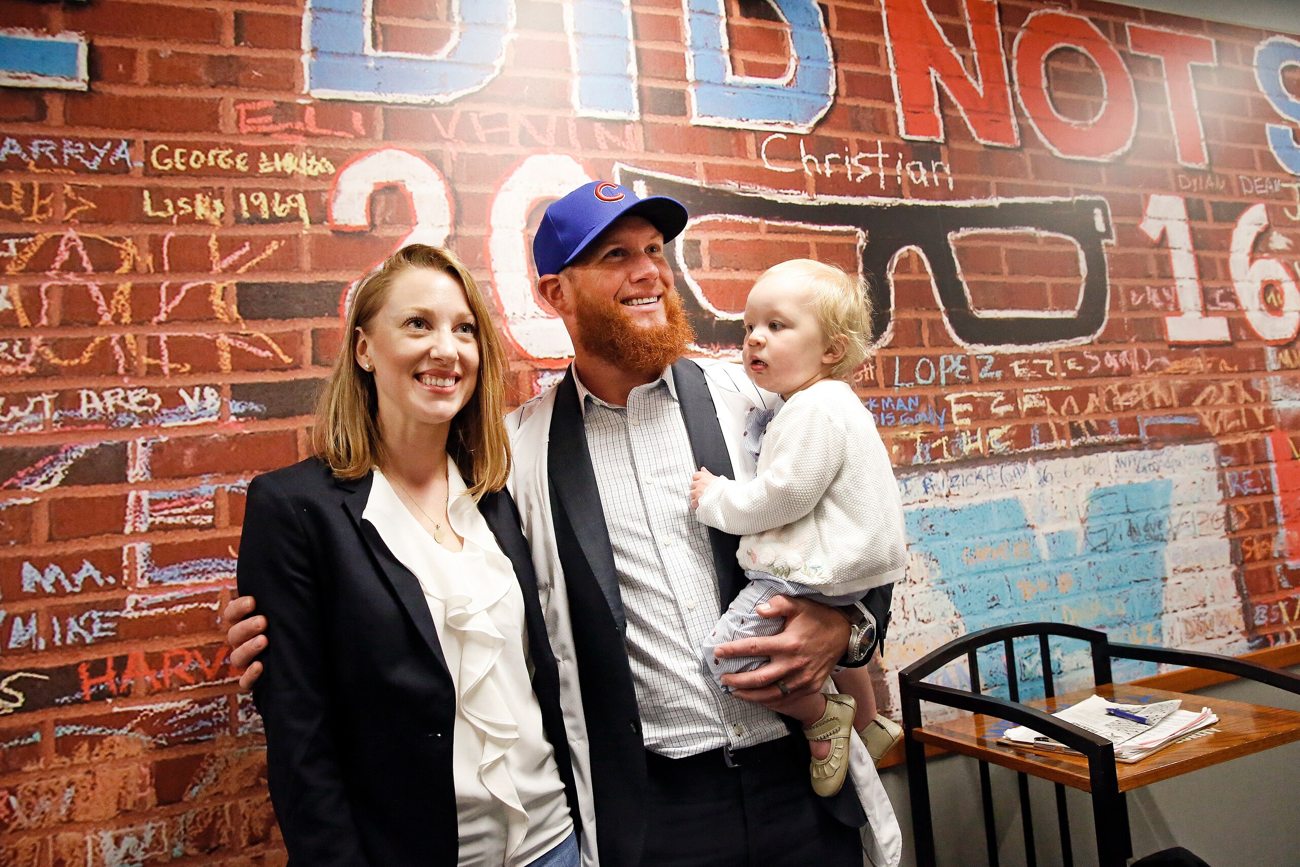 CHICAGO, ILLINOIS - JUNE 07:  Craig Kimbrel of the Chicago Cubs with his wife Ashely and their daughter Lydia Joy, 19mts, following an introductory press conference at Wrigley Field on June 07, 2019 in Chicago, Illinois. (Photo by Nuccio DiNuzzo/Getty Ima