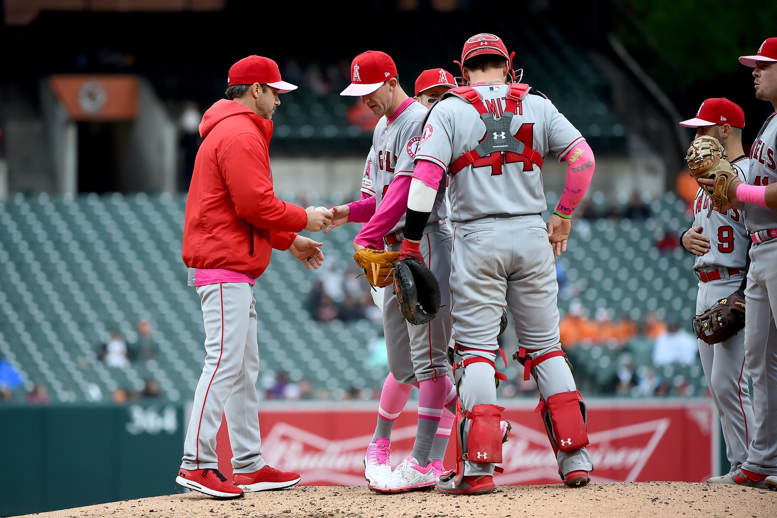 BALTIMORE, MD - MAY 12: Griffin Canning #47 of the Los Angeles Angels is pulled by manager Brad Ausmus #12 during the fifth inning against the Baltimore Orioles at Oriole Park at Camden Yards on May 12, 2019 in Baltimore, Maryland. (Photo by Will Newton/G