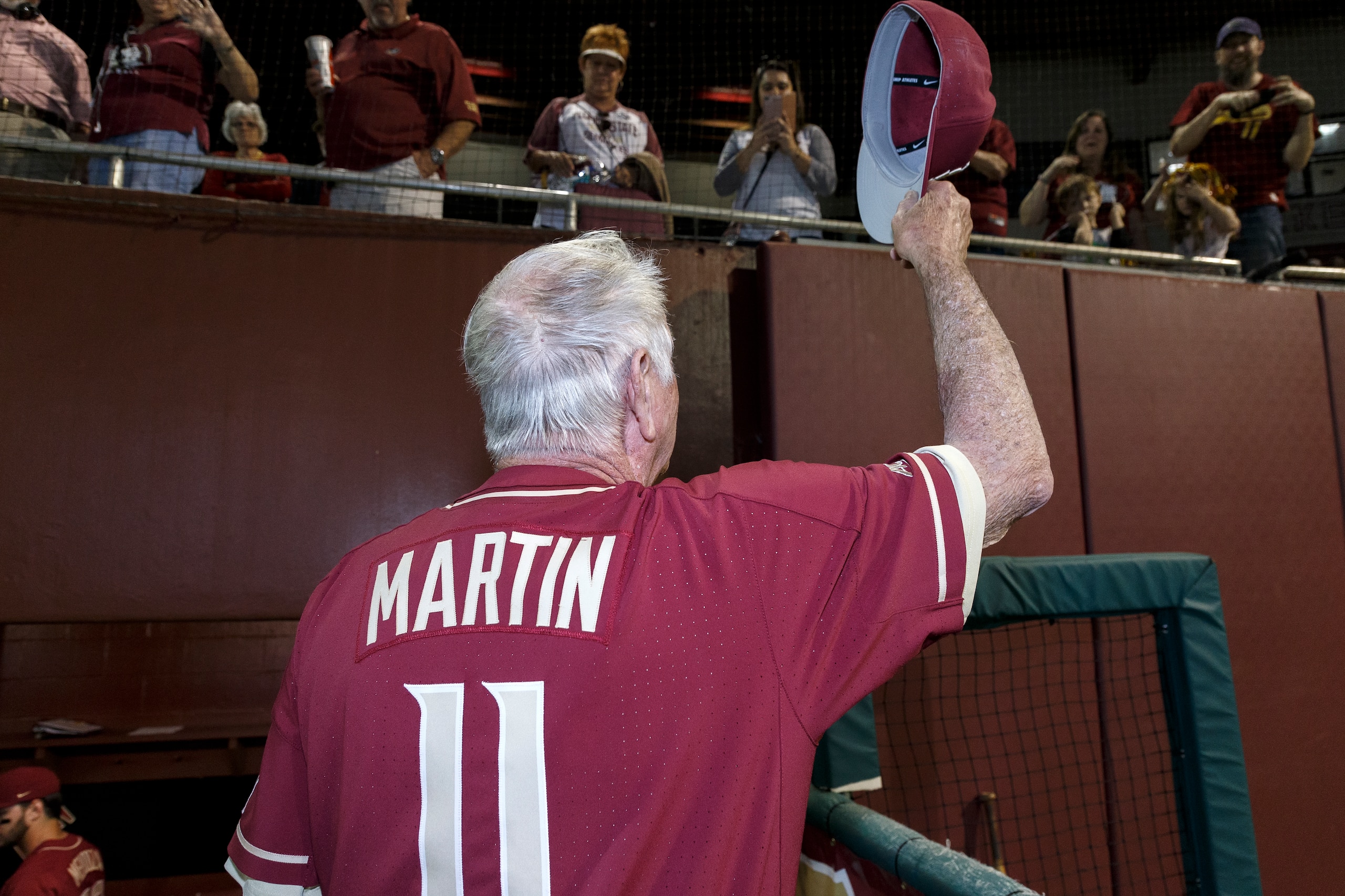 TALLAHASSEE, FL - MARCH 9: Head Coach Mike Martin of the Florida State Seminoles acknowledge the fans after the game against Virginia Tech on Mike Martin Field at Dick Howser Stadium on March 9, 2019 in Tallahassee, Florida. The #7 ranked Seminoles defeat