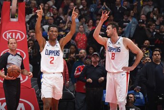 LOS ANGELES, CA - MARCH 19: Shai Gilgeous-Alexander #2, Danilo Gallinari #8 of the LA Clippers reacts against the Indiana Pacers on March 19, 2019 at STAPLES Center in Los Angeles, California. NOTE TO USER: User expressly acknowledges and agrees that, by