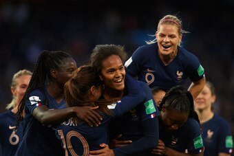 PARIS, FRANCE - JUNE 07: Wendie Renard of France celebrates after scoring his team's third goal with his teammates during the 2019 FIFA Women's World Cup France group A match between France and Korea Republic at Parc des Princes on June 07, 2019 in Paris,