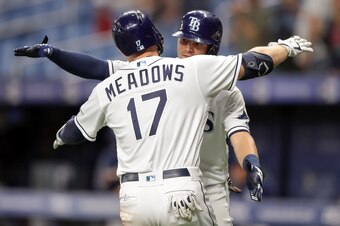 ST. PETERSBURG, FL - MAY 28: Austin Meadows #17 of the Tampa Bay Rays is congratulated by Willy Adames #1 after his solo home run in the seventh inning of a baseball game against the Toronto Blue Jays at Tropicana Field on May 28, 2019 in St. Petersburg, 