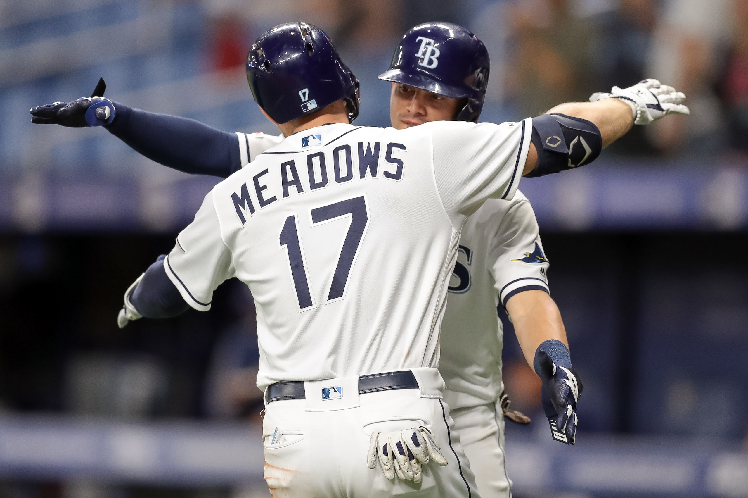 ST. PETERSBURG, FL - MAY 28: Austin Meadows #17 of the Tampa Bay Rays is congratulated by Willy Adames #1 after his solo home run in the seventh inning of a baseball game against the Toronto Blue Jays at Tropicana Field on May 28, 2019 in St. Petersburg, 