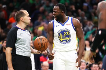BOSTON, MA - JANUARY 26:  Draymond Green #23 of the Golden State Warriors yells at the referee during a game against the Boston Celtics at TD Garden on January 26, 2019 in Boston, Massachusetts. NOTE TO USER: User expressly acknowledges and agrees that, b