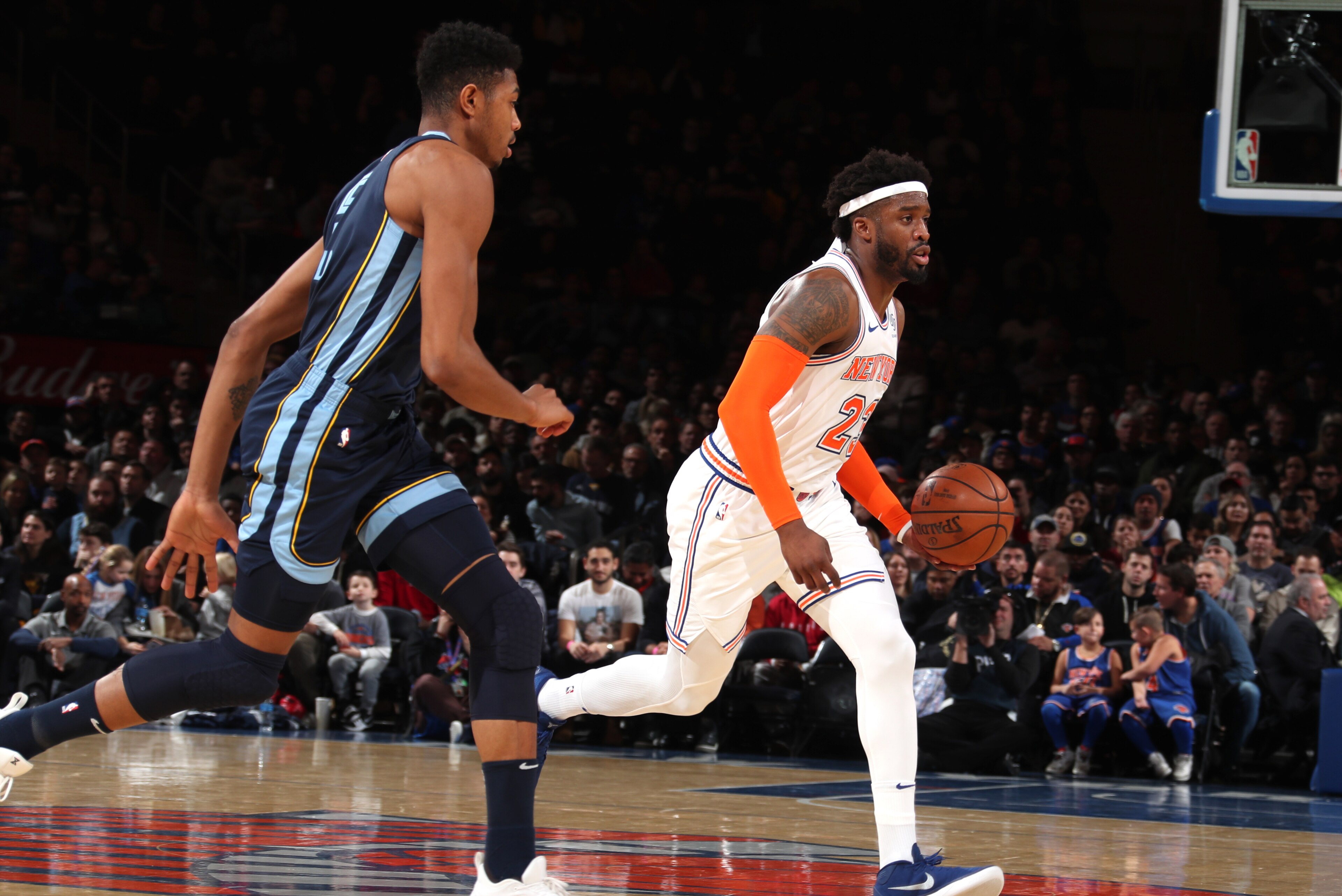 NEW YORK, NY - FEBRUARY 3: Wesley Matthews #23 of the New York Knicks handles the ball against the Memphis Grizzlies on February 3, 2019 at Madison Square Garden in New York City, New York. NOTE TO USER: User expressly acknowledges and agrees that, by d NEW YORK, NY - FEBRUARY 3: Wesley Matthews #23 of the New York Knicks handles the ball against the Memphis Grizzlies on February 3, 2019 at Madison Square Garden in New York City, New York. NOTE TO USER: User expressly acknowledges and agrees that, by d