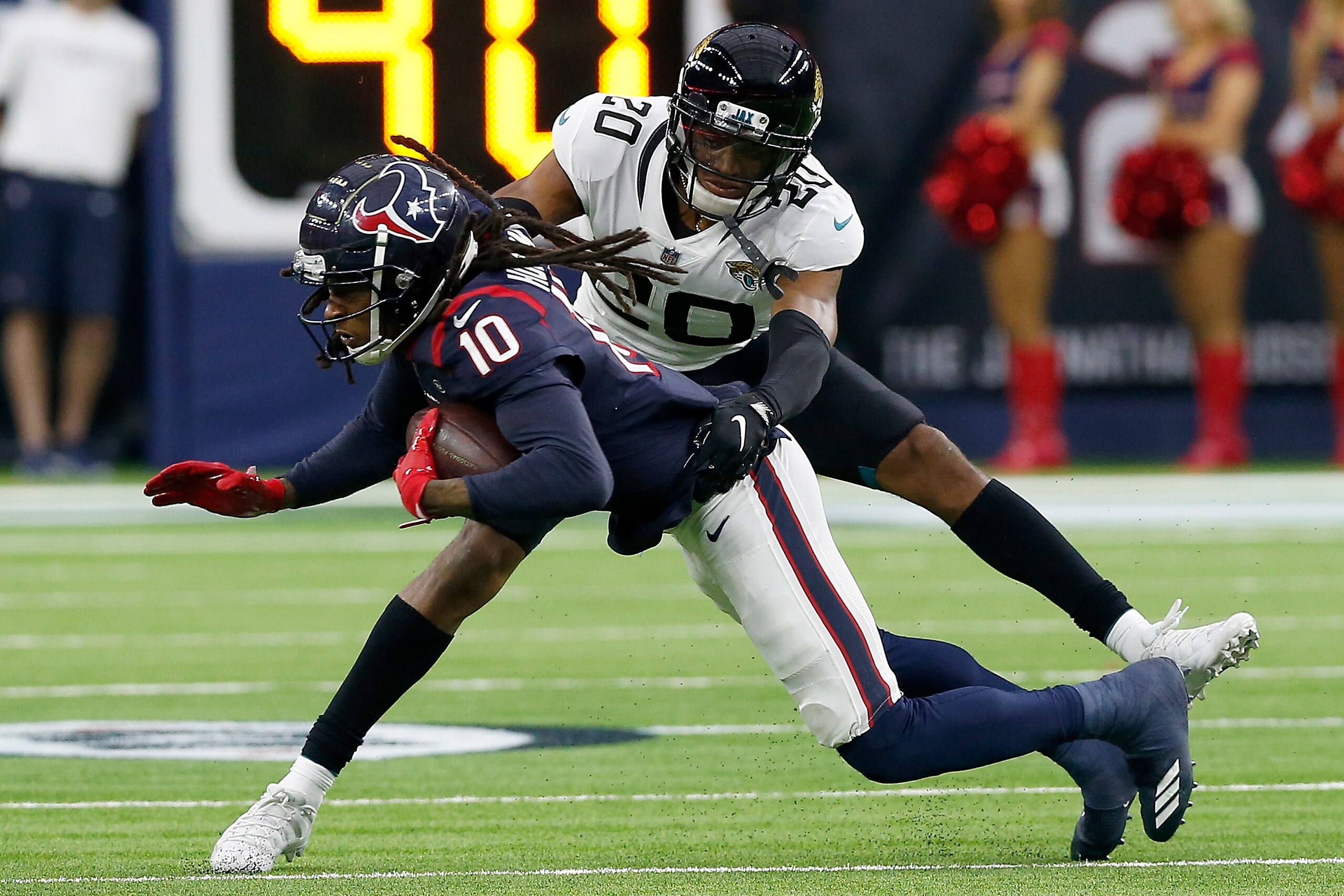 HOUSTON, TX - DECEMBER 30: DeAndre Hopkins #10 of the Houston Texans is tackled by Jalen Ramsey #20 of the Jacksonville Jaguars in the third quarter at NRG Stadium on December 30, 2018 in Houston, Texas. (Photo by Tim Warner/Getty Images) HOUSTON, TX - DECEMBER 30: DeAndre Hopkins #10 of the Houston Texans is tackled by Jalen Ramsey #20 of the Jacksonville Jaguars in the third quarter at NRG Stadium on December 30, 2018 in Houston, Texas. (Photo by Tim Warner/Getty Images)