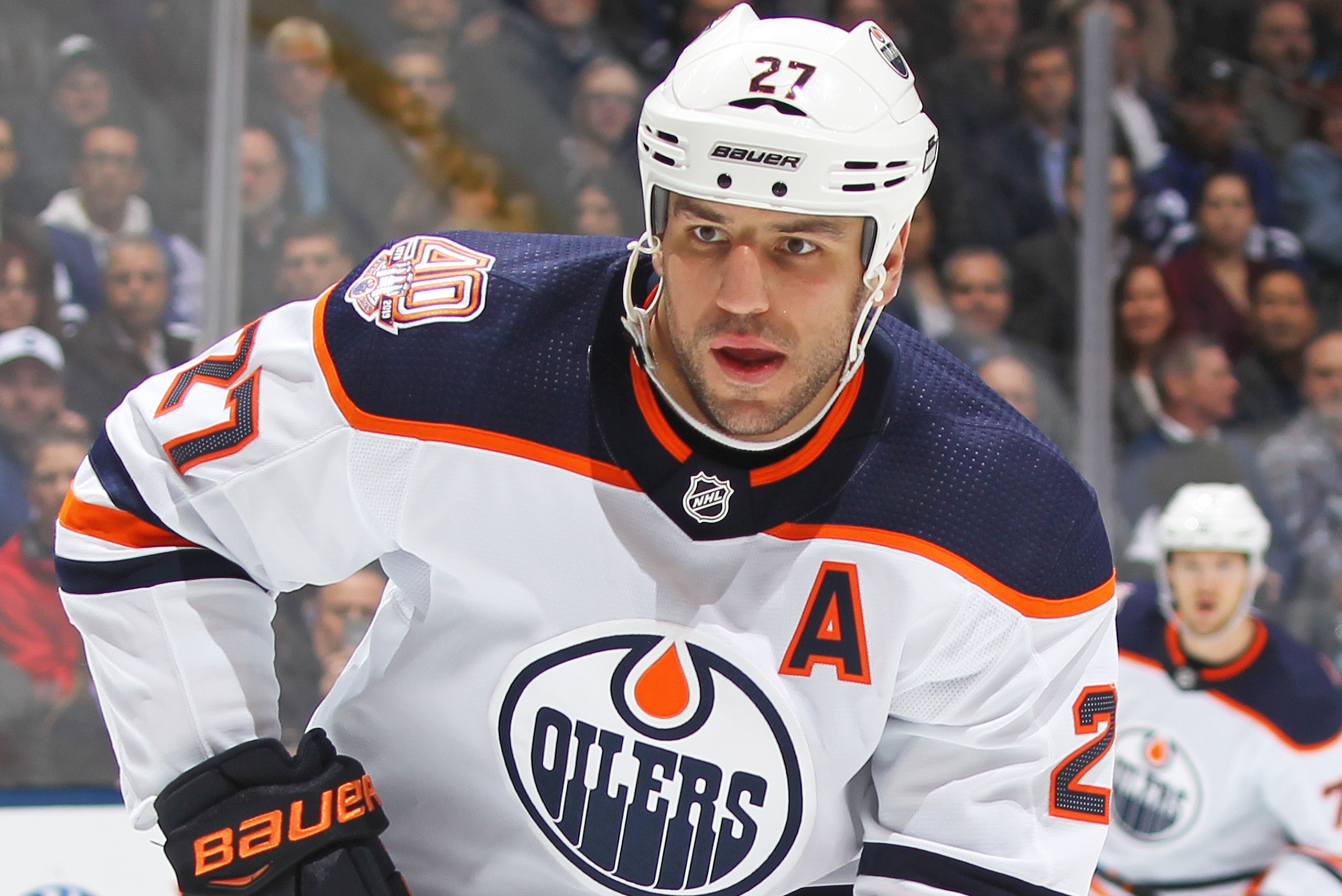 TORONTO, ON - FEBRUARY 27:  Milan Lucic #27 of the Edmonton Oilers skates against the Toronto Maple Leafs during an NHL game at Scotiabank Arena on February 27, 2019 in Toronto, Ontario, Canada. The Maple Leafs defeated the Oilers 6-2. (Photo by Claus And