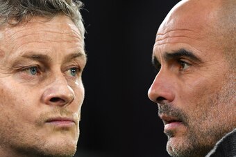 FILE PHOTO (EDITORS NOTE: COMPOSITE OF IMAGES - Image numbers 1074604018,1141519827 - GRADIENT ADDED) In this composite image a comparison has been made between Ole Gunnar Solskjaer, Manager of Manchester United (L) and Josep Guardiola, Manager of Manches
