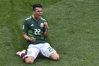 Mexico's forward Hirving Lozano celebrates after scoring during the Russia 2018 World Cup Group F football match between Germany and Mexico at the Luzhniki Stadium in Moscow on June 17, 2018. (Photo by Mladen ANTONOV / AFP) / RESTRICTED TO EDITORIAL USE -