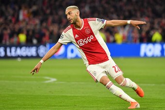 AMSTERDAM, NETHERLANDS - MAY 08: Hakim Ziyech of Ajax celebrates after scoring his team's second goal during the UEFA Champions League Semi Final second leg match between Ajax and Tottenham Hotspur at the Johan Cruyff Arena on May 08, 2019 in Amsterdam, N