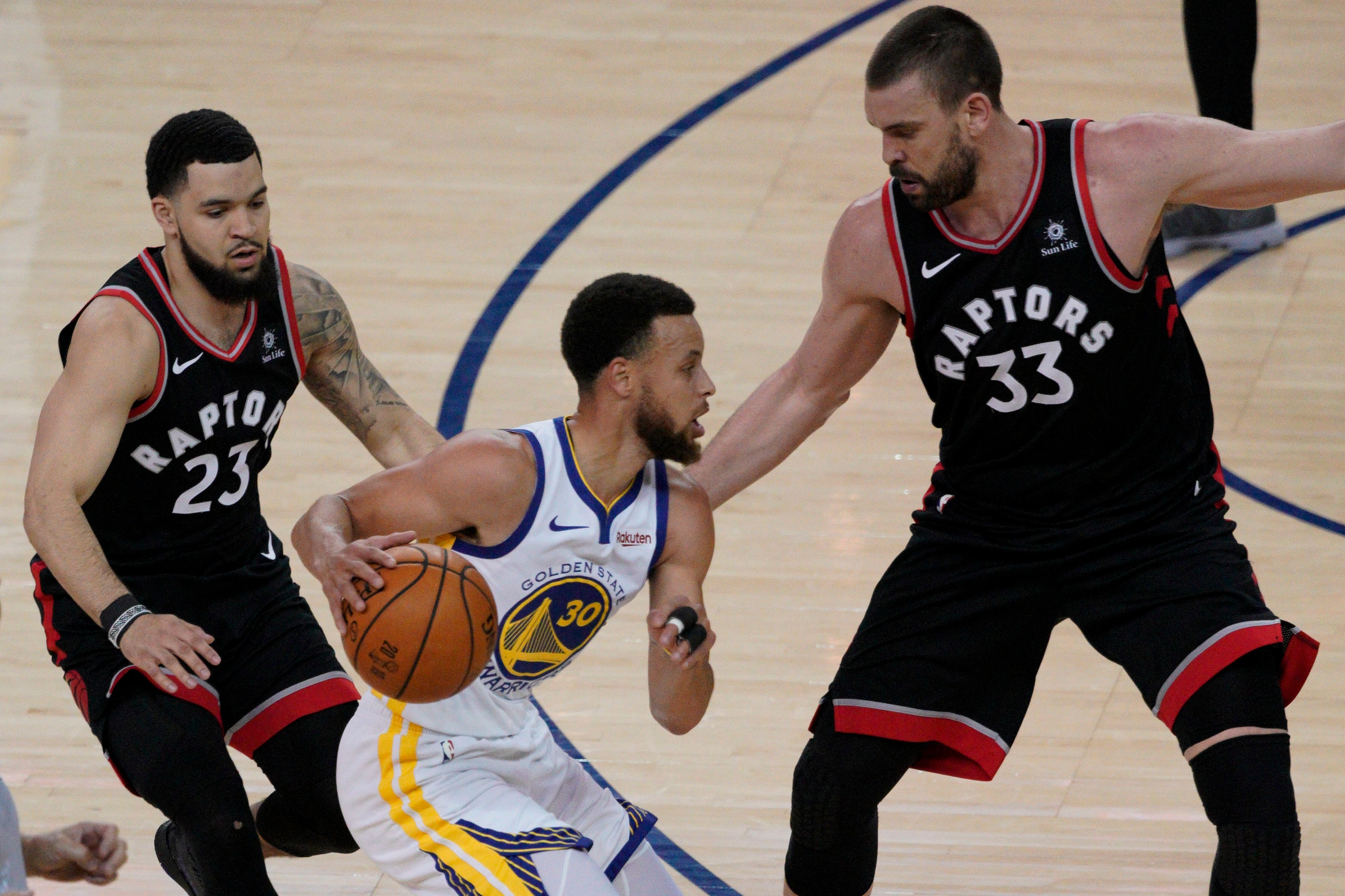 VanVleet and Marc Gasol regularly trapped Curry beyond the arc.