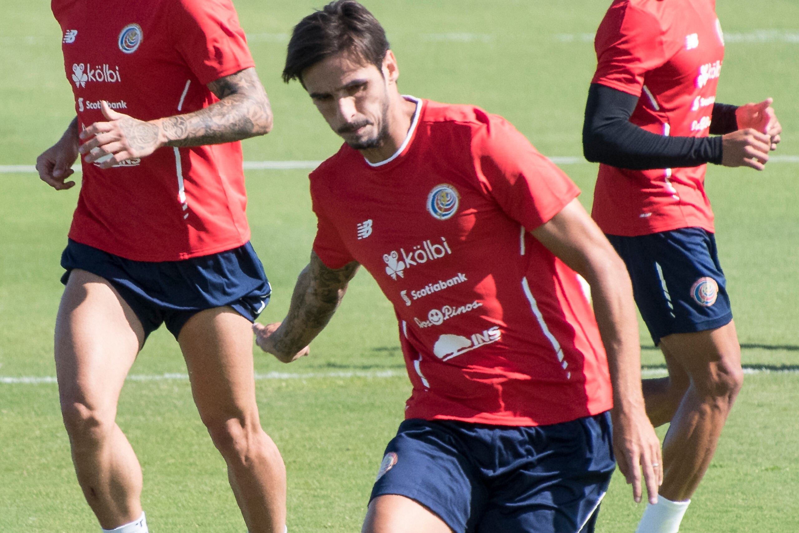 Costa Rica's national football team players Ronald Matarrita (L), Bryan Ruiz (C) and Ariel Lassiter take part in  a training session at the Gol sports complex in Alajuela, Costa Rica, on March 19, 2019, ahead of a friendly match against Guatemala. (Photo 