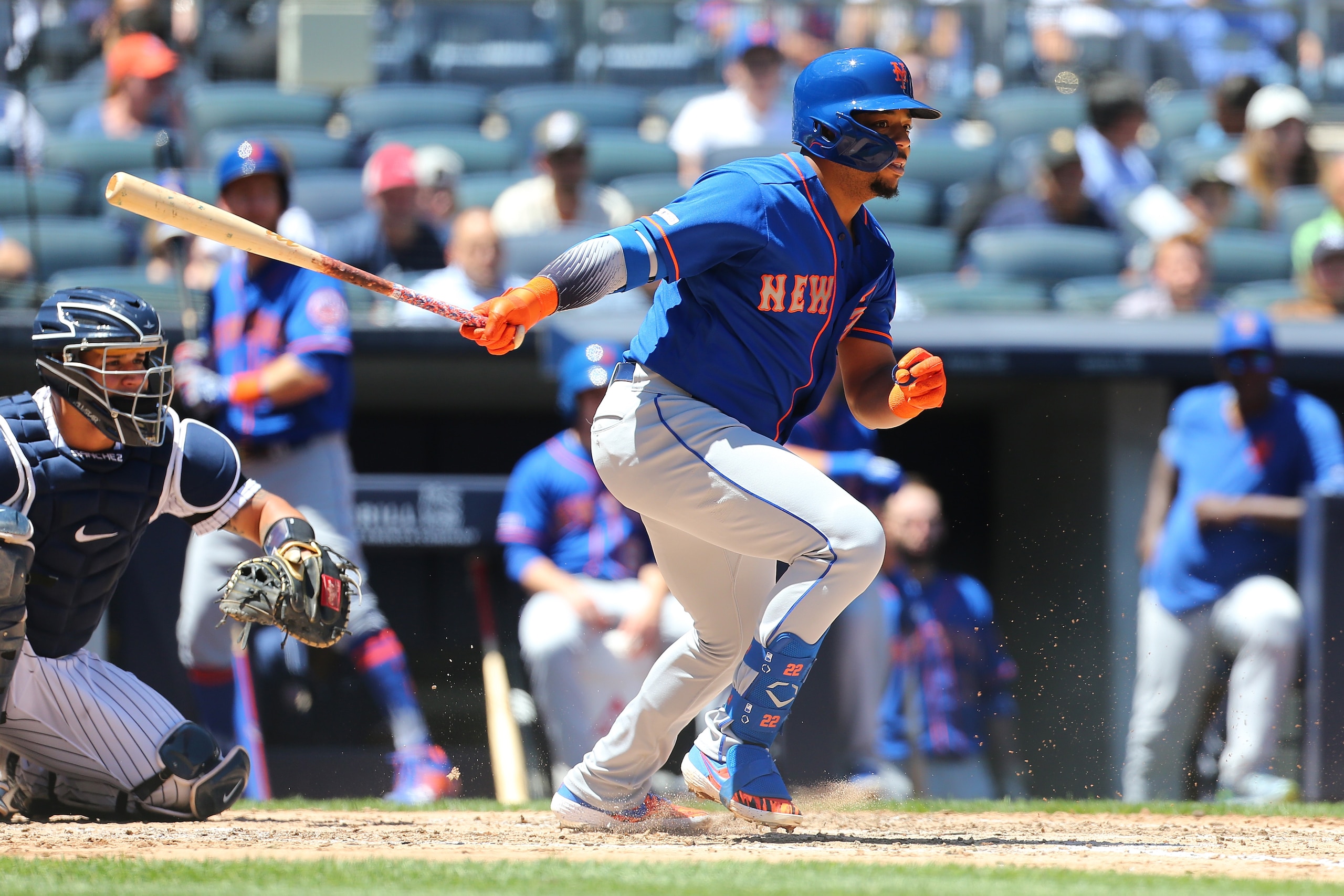 NEW YORK, NEW YORK - JUNE 11: Dominic Smith #22 of the New York Mets in action against the New York Yankees at Yankee Stadium on June 11, 2019 in New York City. New York Yankees defeated the New York Mets 12-5. (Photo by Mike Stobe/Getty Images)