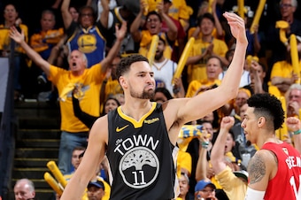 OAKLAND, CA - JUNE 13: Klay Thompson #11 of the Golden State Warriors reacts against the Toronto Raptors during Game Six of the 2019 NBA Finals on June 13, 2019 at ORACLE Arena in Oakland, California. NOTE TO USER: User expressly acknowledges and agrees t
