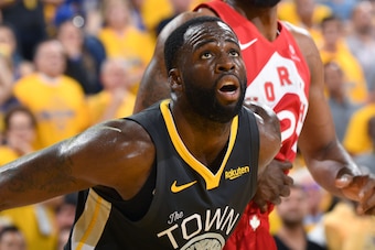 OAKLAND, CA - JUNE 13: Draymond Green #23 of the Golden State Warriors boxes out against the Toronto Raptors during Game Six of the NBA Finals on June 13, 2019 at ORACLE Arena in Oakland, California. NOTE TO USER: User expressly acknowledges and agrees th