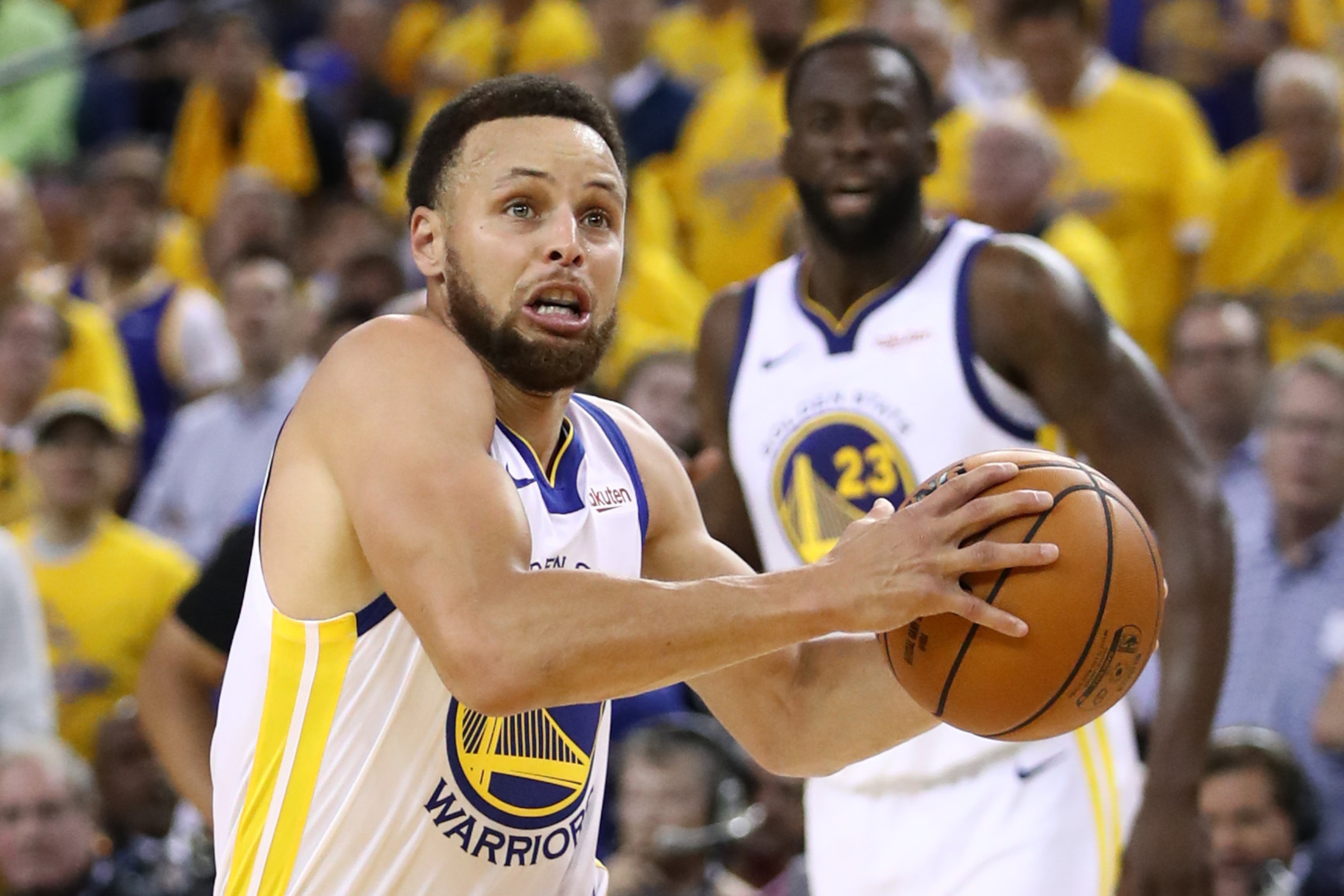 OAKLAND, CALIFORNIA - JUNE 05:  Stephen Curry #30 of the Golden State Warriors reacts against the Toronto Raptors in the first half during Game Three of the 2019 NBA Finals at ORACLE Arena on June 05, 2019 in Oakland, California. NOTE TO USER: User expres