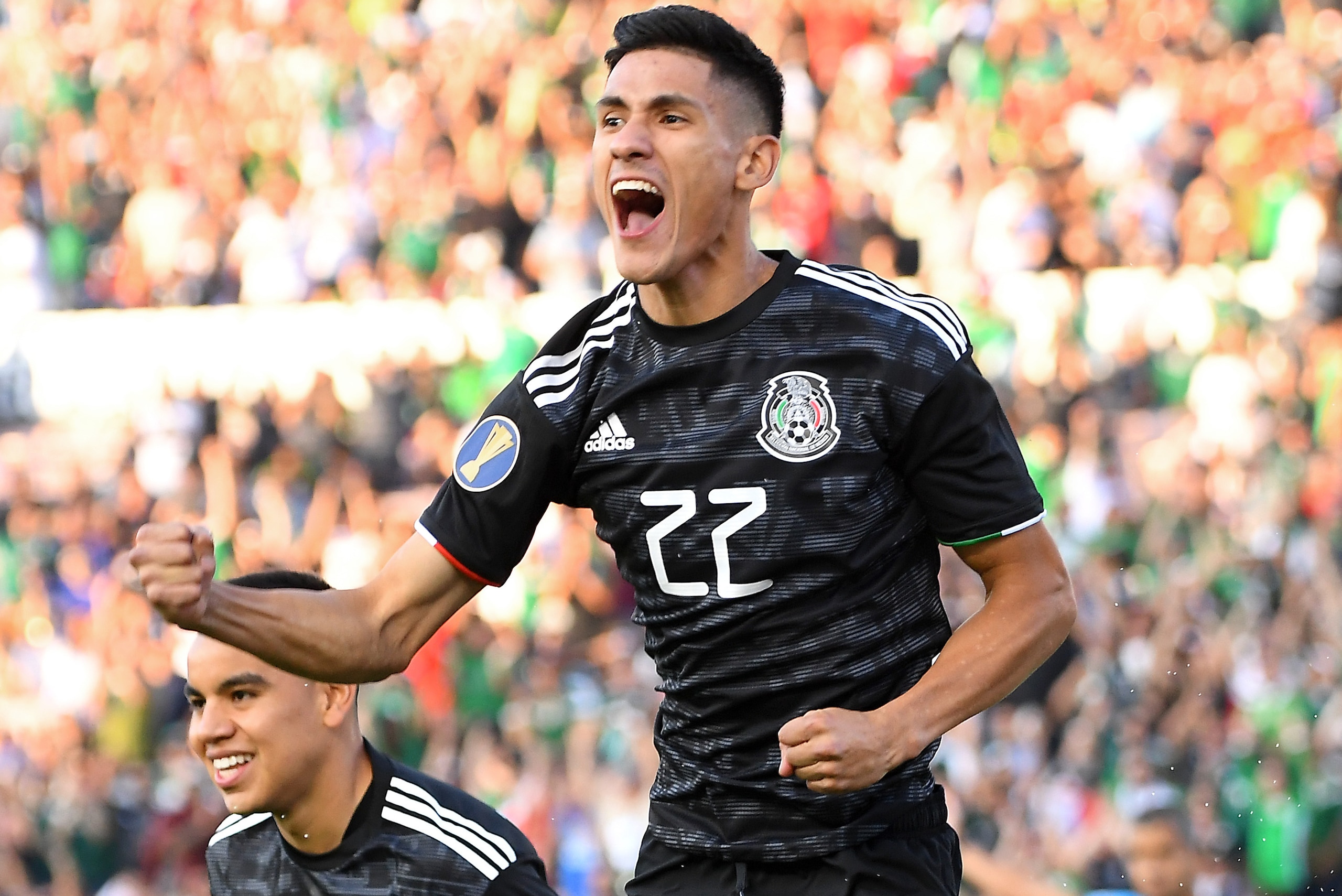PASADENA, CA - JUNE 15:  Uriel Antuna #22 of Mexico celebrates after scoring his team's first goal in the first half of the game against the Cuba at the Rose Bowl on June 15, 2019 in Pasadena, California. (Photo by Jayne Kamin-Oncea/Getty Images)
