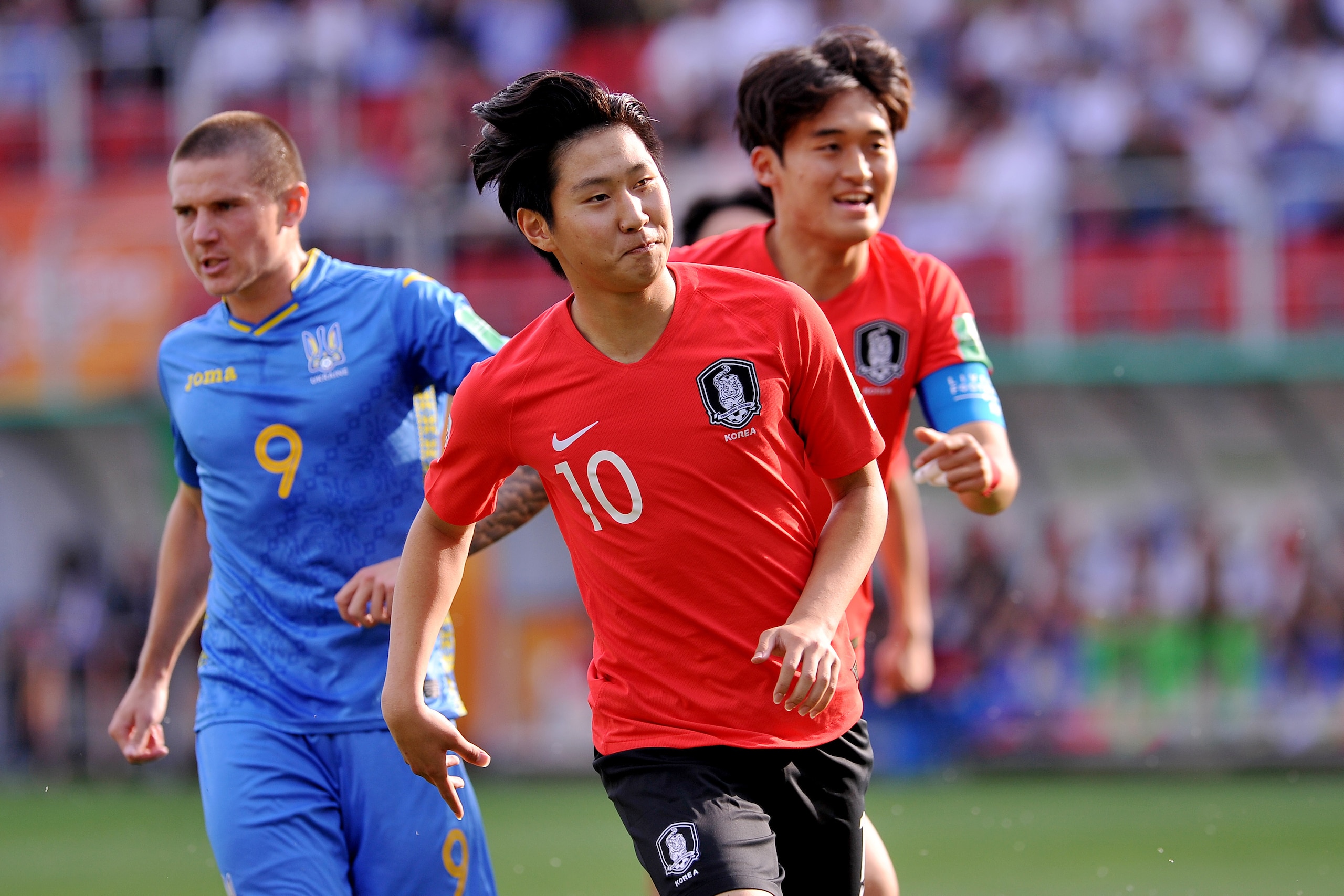 LODZ, POLAND - JUNE 15: Kangin Lee of Korea Republic celebrates scoring a goal during the FIFA U-20 World Cup match between Ukraine and Korea Republic on June 15, 2019 in Lodz, Poland. (Photo by Rafal Rusek/PressFocus/MB Media/Getty Images)