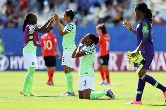 GRENOBLE, FRANCE - JUNE 12: Osinachi Ohale of Nigeria celebrates following her sides victory in the 2019 FIFA Women's World Cup France group A match between Nigeria and Korea Republic at Stade des Alpes on June 12, 2019 in Grenoble, France. (Photo by Elsa