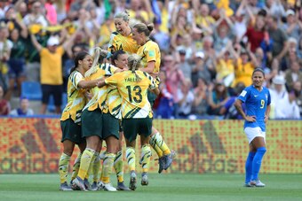MONTPELLIER, FRANCE - JUNE 13: Chloe Logarzo of Australia celebrates with teammates after scoring her team's second goal during the 2019 FIFA Women's World Cup France group C match between Australia and Brazil at Stade de la Mosson on June 13, 2019 in Mon