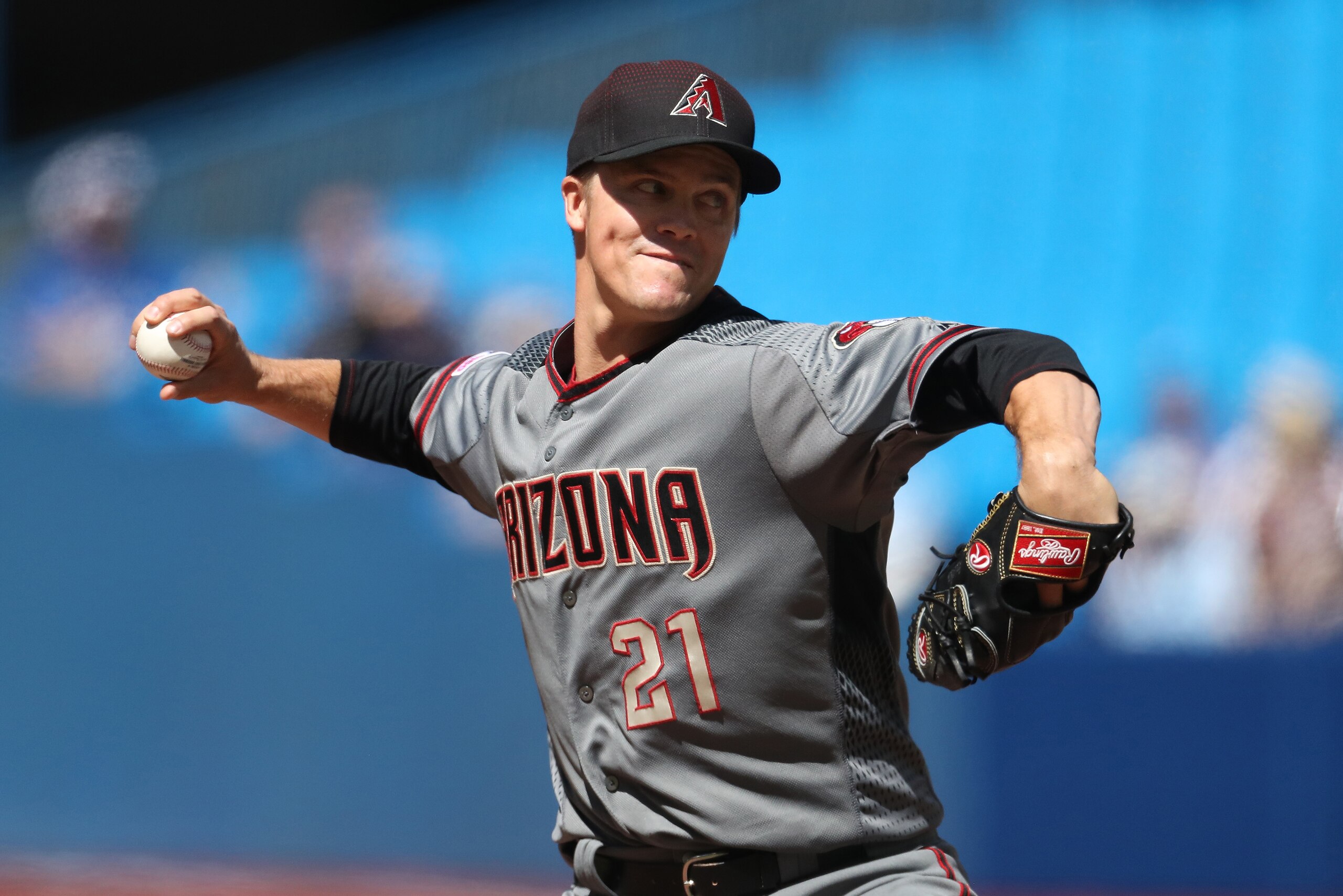 TORONTO, ON - JUNE 08: Zack Greinke #21 of the Arizona Diamondbacks delivers a pitch in the first inning during MLB game action against the Toronto Blue Jays at Rogers Centre on June 8, 2019 in Toronto, Canada. (Photo by Tom Szczerbowski/Getty Images)