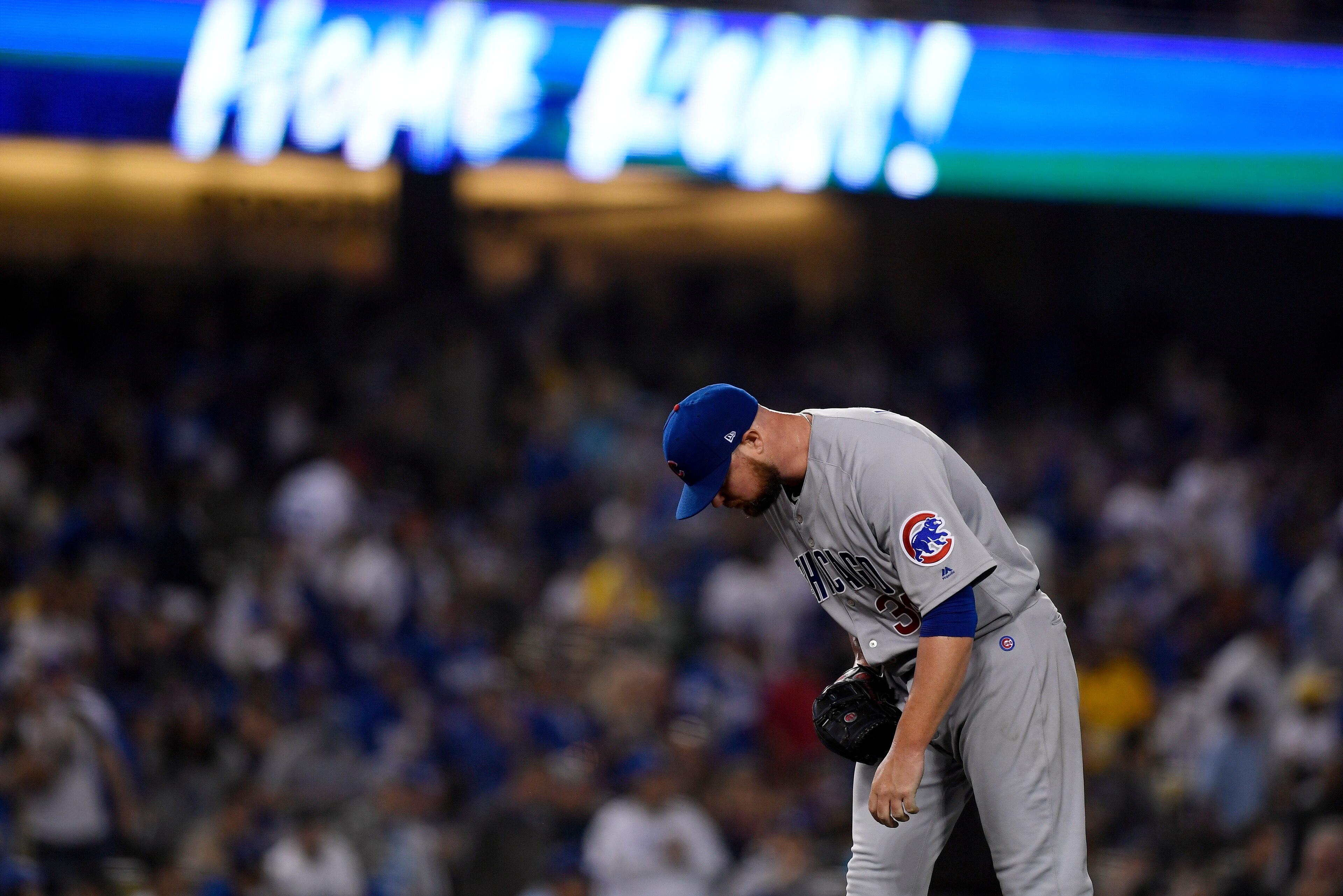 LOS ANGELES, CA - JUNE 13: Pitcher Jon Lester #34 of the Chicago Cubs reacts after giving up second two run home run of the fourth inning to Max Muncy #13 of the Los Angeles Dodgers at Dodger Stadium on June 13, 2019 in Los Angeles, California. (Photo by 