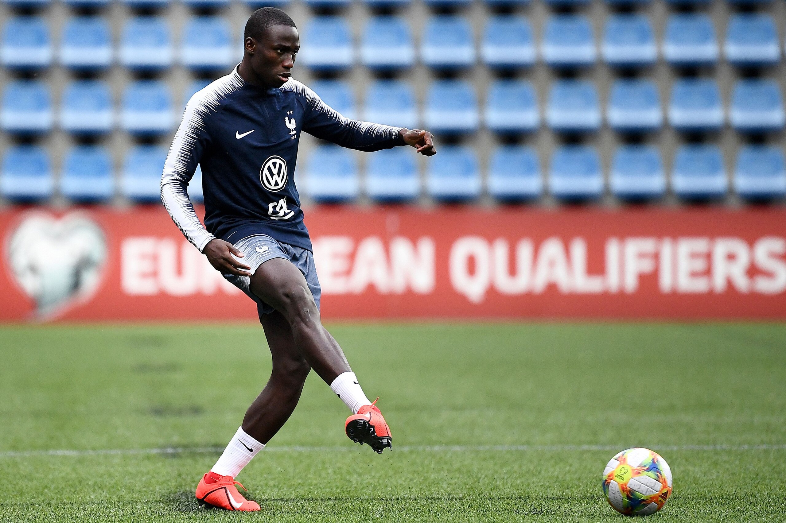 France's defender Ferland Mendy plays the ball as he takes part in a training session at the National stadium in Andorra La Vella, on June 10, 2019 on the eve of the UEFA Euro 2020 qualification football match between Andorra and France. (Photo by FRANCK 