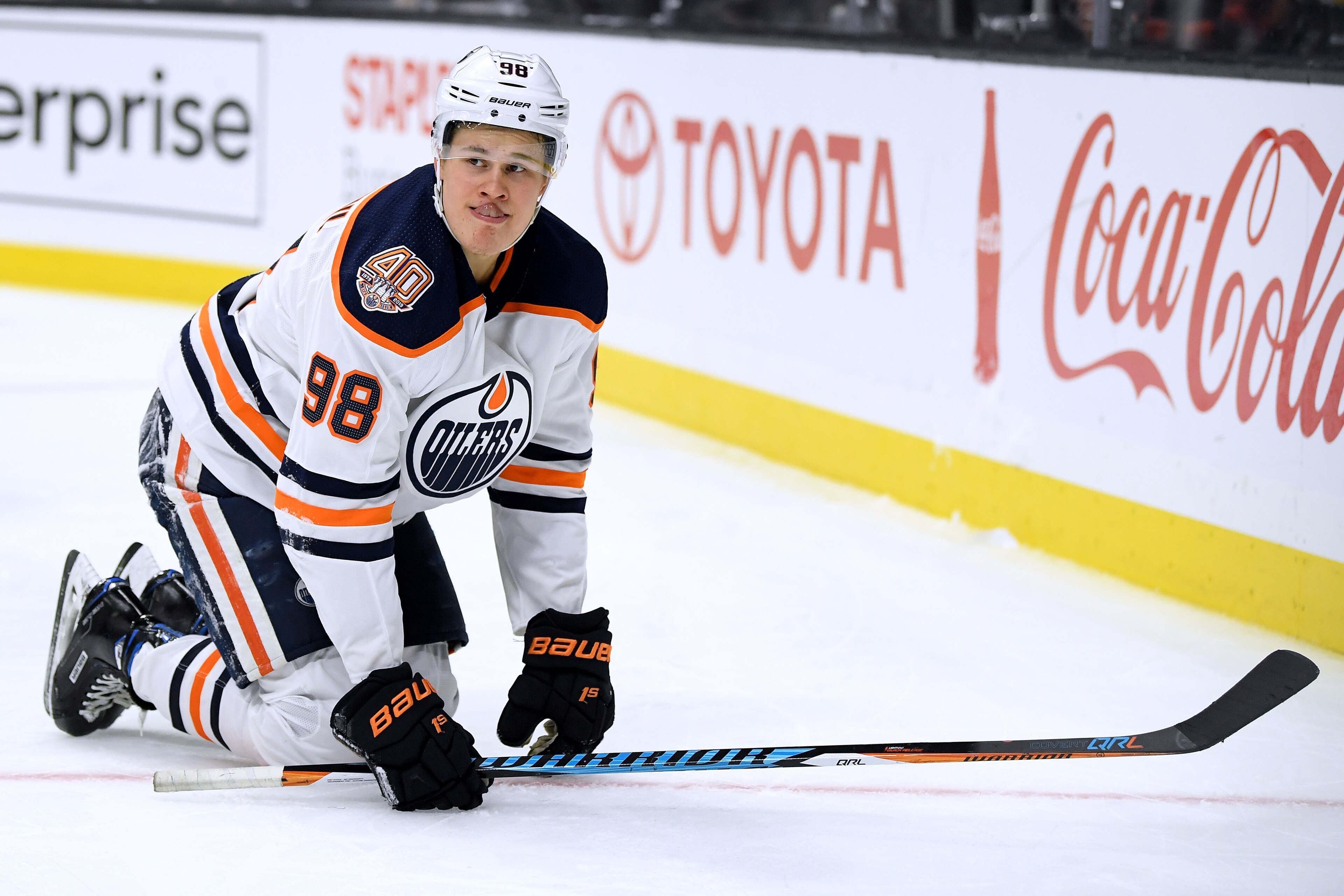 LOS ANGELES, CALIFORNIA - JANUARY 05:  Jesse Puljujarvi #98 of the Edmonton Oilers reacts after falling to the ice during the third period in a 4-0 Los Angeles Kings win at Staples Center on January 05, 2019 in Los Angeles, California. (Photo by Harry How