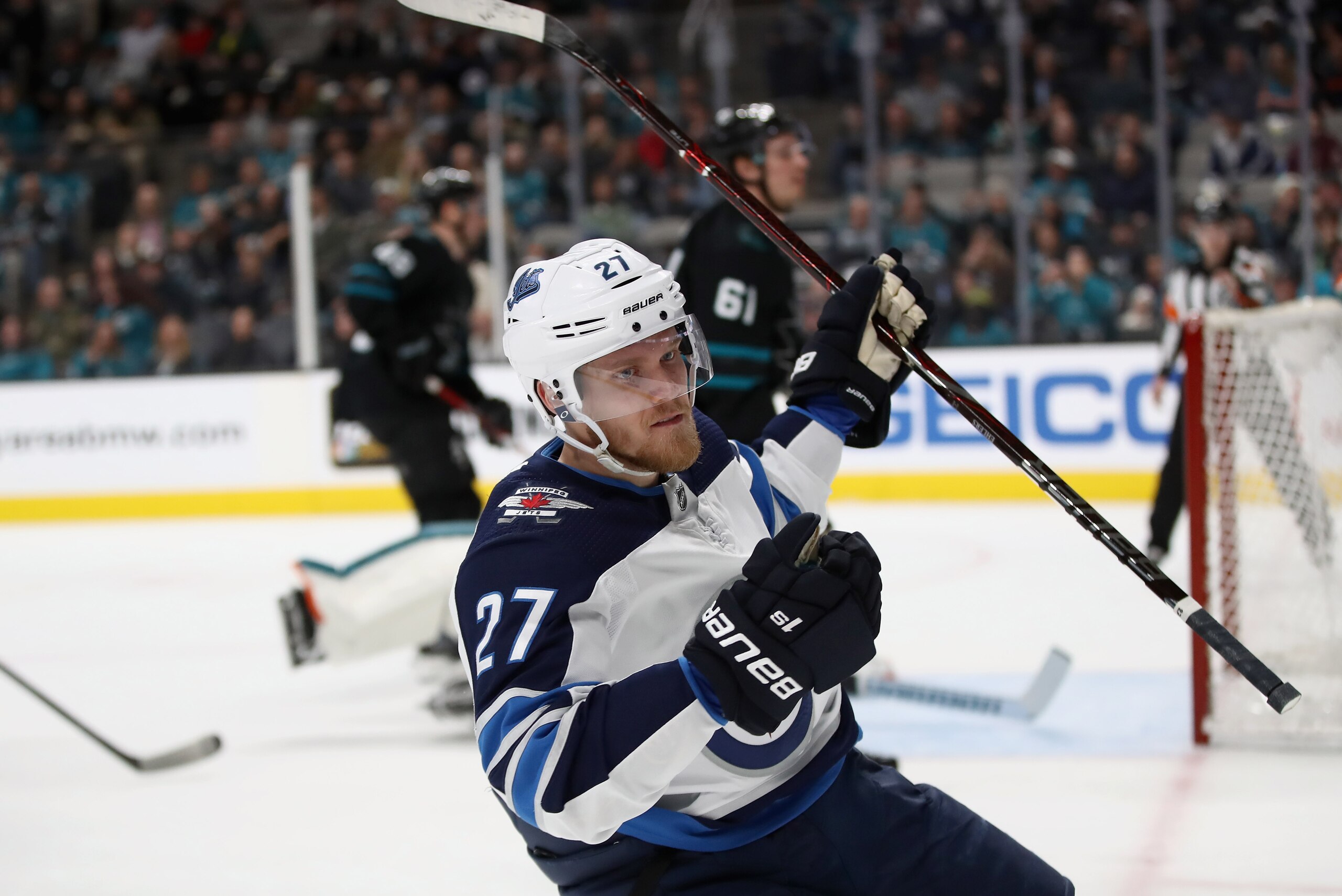 SAN JOSE, CA - DECEMBER 20:  Nikolaj Ehlers #27 of the Winnipeg Jets reacts after scoring a goal against the San Jose Sharks at SAP Center on December 20, 2018 in San Jose, California.  (Photo by Ezra Shaw/Getty Images)