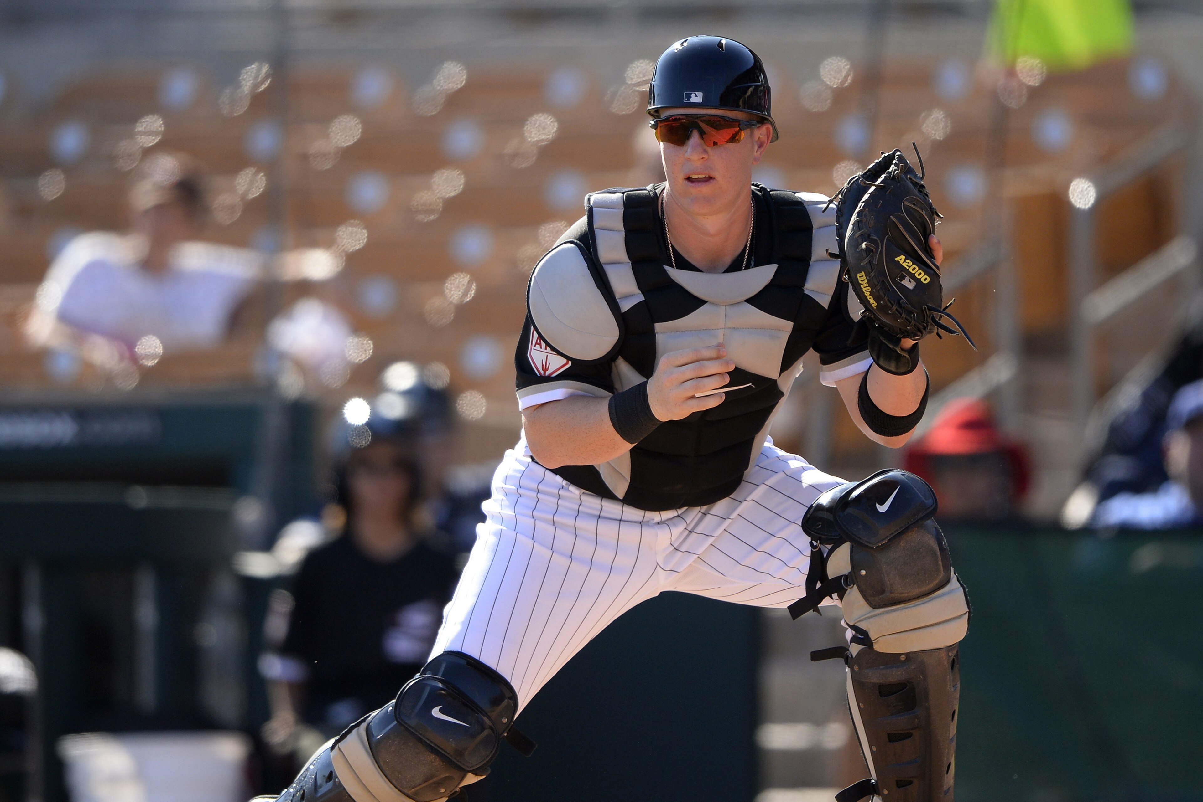 GLENDALE, ARIZONA - FEBRUARY 27:  Zach Collins #86 of the Chicago White Sox catches against the Cincinnati Reds on February 27, 2019 at Camelback Ranch in Glendale Arizona.  (Photo by Ron Vesely/MLB Photos via Getty Images)