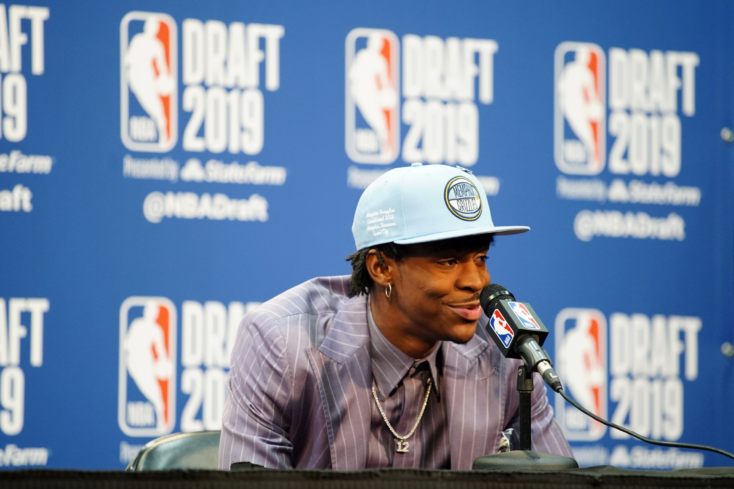 BROOKLYN, NY - JUNE 20: Ja Morant speaks to the media after being selected second overall by the Memphis Grizzlies during the 2019 NBA Draft on June 20, 2019 at the Barclays Center in Brooklyn, New York. NOTE TO USER: User expressly acknowledges and agree BROOKLYN, NY - JUNE 20: Ja Morant speaks to the media after being selected second overall by the Memphis Grizzlies during the 2019 NBA Draft on June 20, 2019 at the Barclays Center in Brooklyn, New York. NOTE TO USER: User expressly acknowledges and agree