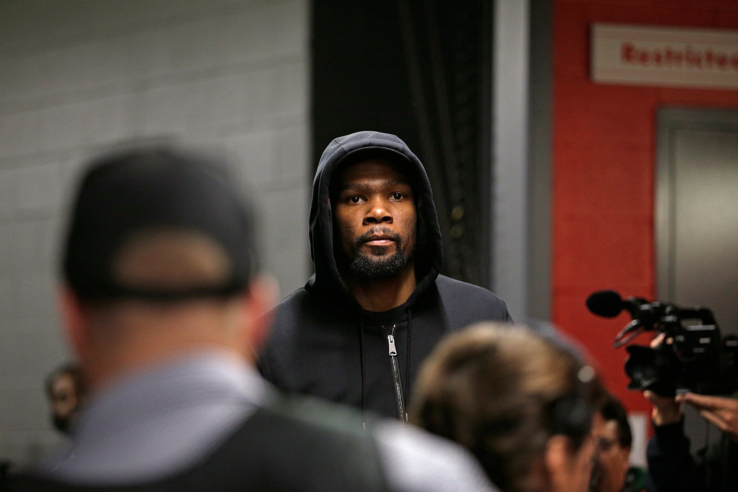 TORONTO, CANADA - JUNE 10: Kevin Durant #35 of the Golden State Warriors arrives before Game Five of the NBA Finals against the Toronto Raptors on June 10, 2019 at Scotiabank Arena in Toronto, Ontario, Canada. NOTE TO USER: User expressly acknowledges and