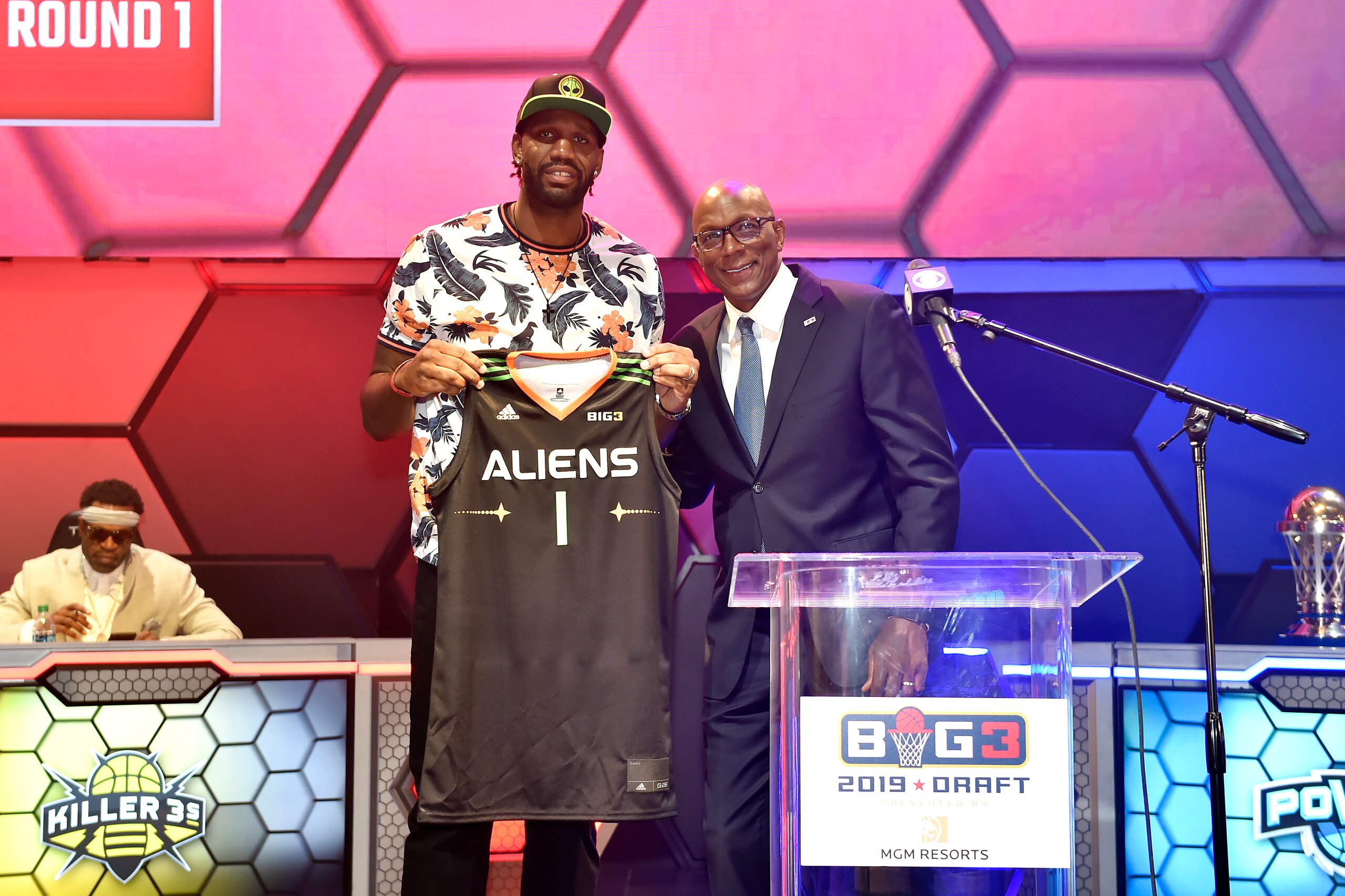 LAS VEGAS, NEVADA - MAY 01: Greg Oden poses with BIG3 Commissioner Clyde Drexler after being drafted at #7 by the Aliens in the first round during the BIG3 Draft at the Luxor Hotel & Casino on May 01, 2019 in Las Vegas, Nevada. (Photo by David Becker/Gett