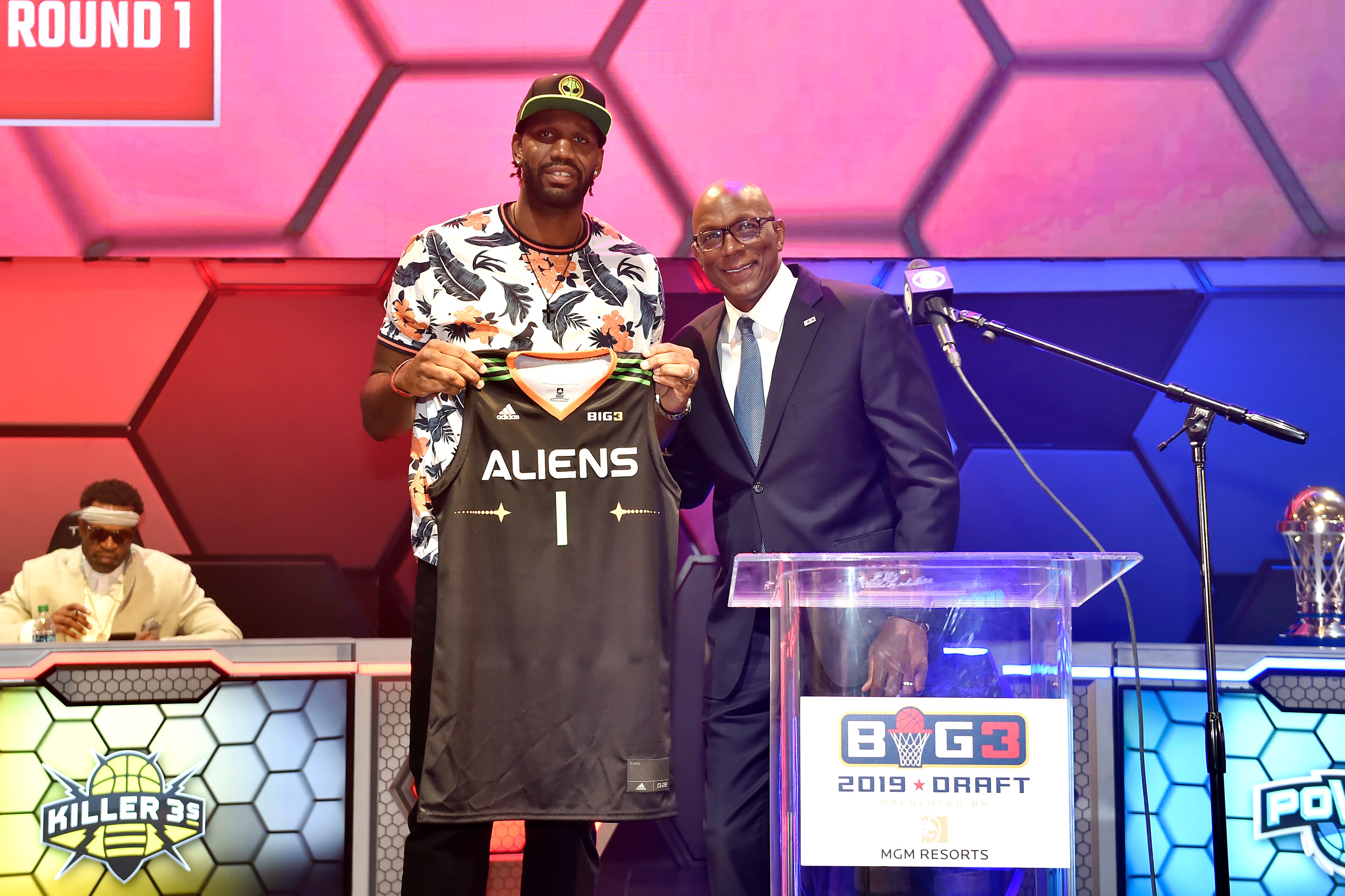 LAS VEGAS, NEVADA - MAY 01: Greg Oden poses with BIG3 Commissioner Clyde Drexler after being drafted at #7 by the Aliens in the first round during the BIG3 Draft at the Luxor Hotel & Casino on May 01, 2019 in Las Vegas, Nevada. (Photo by David Becker/Gett