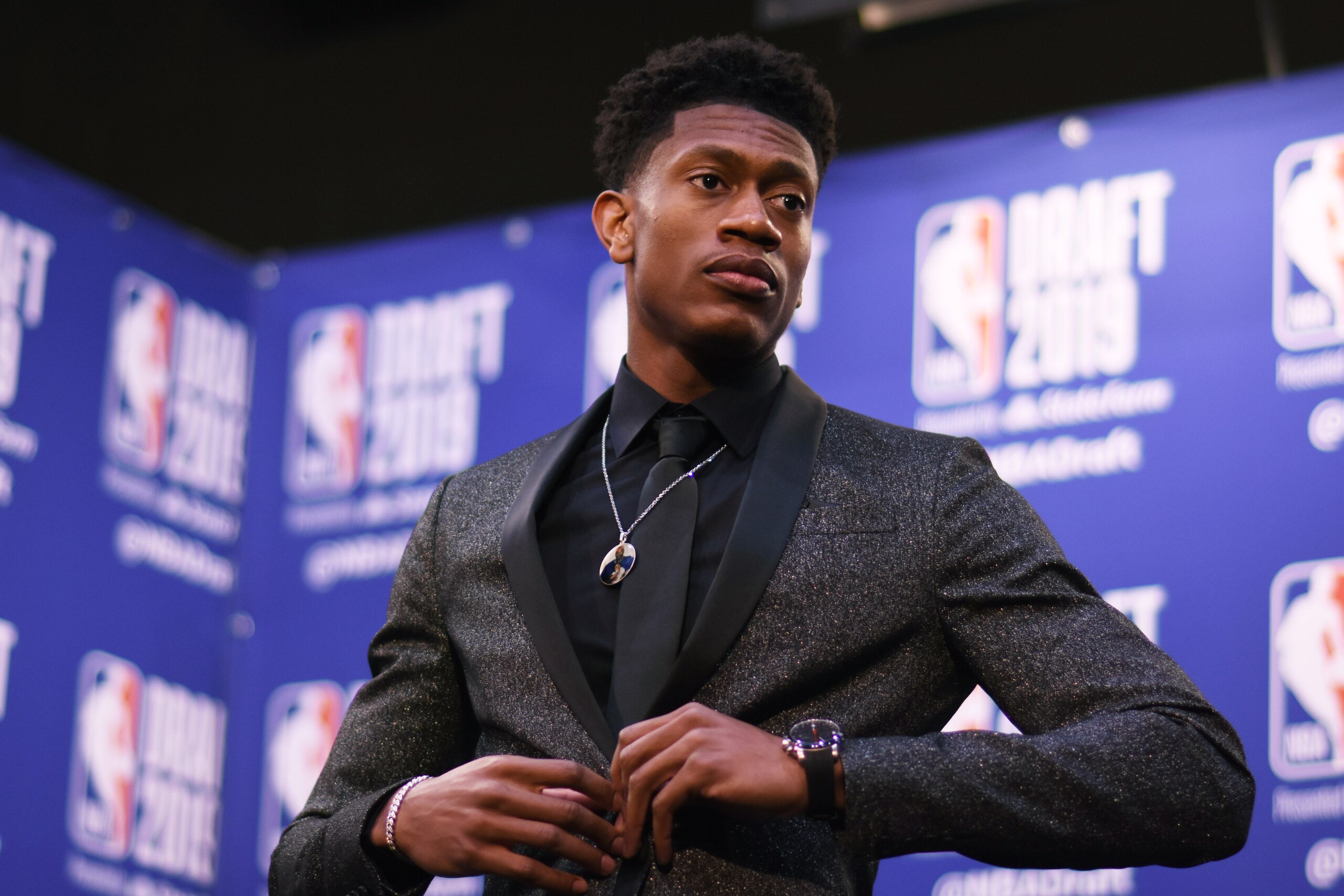 BROOKLYN, NY - JUNE 20: De'Andre Hunter is interviewed after being drafted by the Los Angeles Lakers during the 2019 NBA Draft on June 20, 2019 at the Barclays Center in Brooklyn, New York. NOTE TO USER: User expressly acknowledges and agrees that, by dow