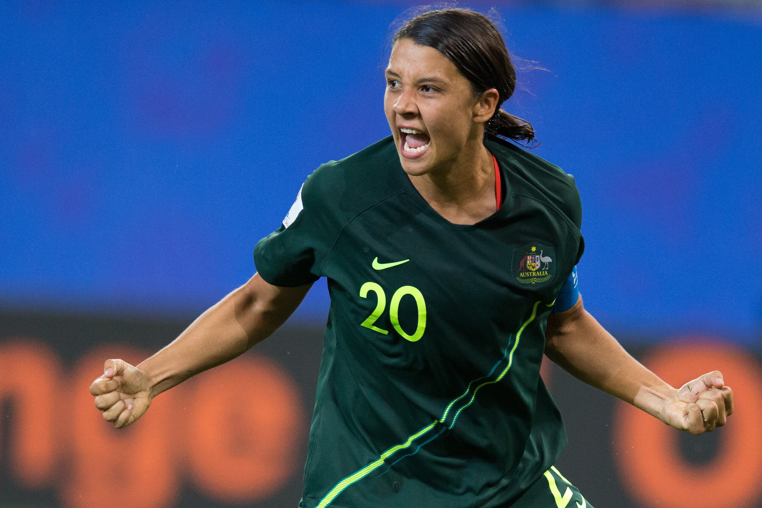 GRENOBLE, FRANCE - JUNE 18: Sam Kerr of Australia celebrates scoring her side's and her own fourth goal during the 2019 FIFA Women's World Cup France group C match between Jamaica and Australia at Stade des Alpes on June 18, 2019 in Grenoble, France. (Pho