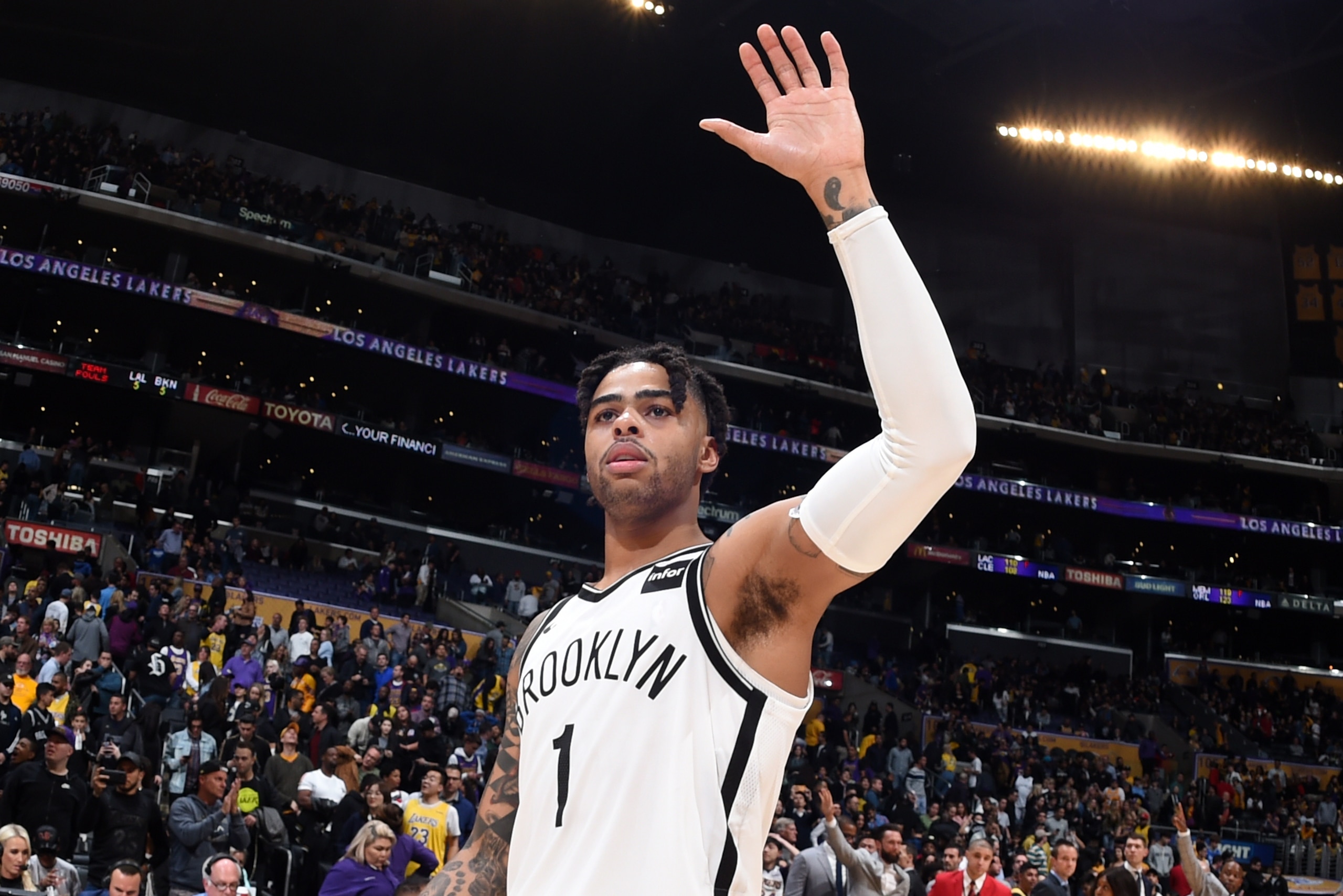LOS ANGELES, CA - MARCH 22: D'Angelo Russell #1 of the Brooklyn Nets reacts after a game against the Los Angeles Lakers on March 22, 2019 at STAPLES Center in Los Angeles, California. NOTE TO USER: User expressly acknowledges and agrees that, by downloadi