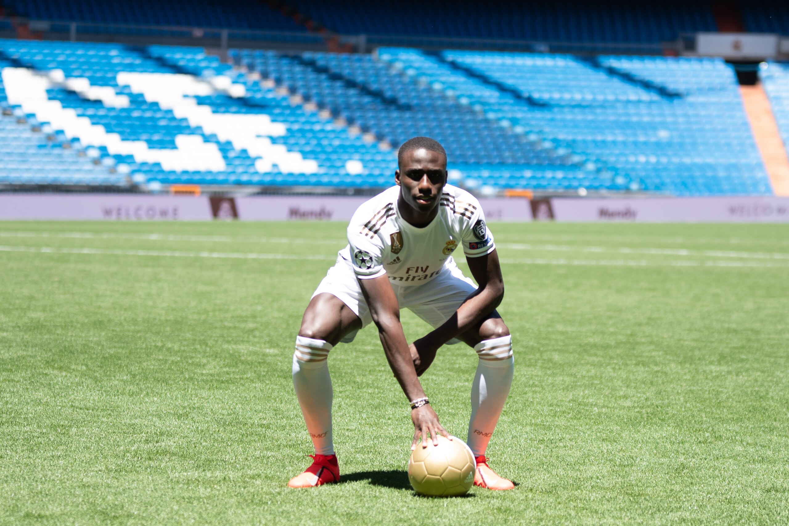 MADRID, SPAIN - JUNE 19: Ferland Mendy of Real Madrid is seen in Real Madrid jersey prior to the press conference of Real Madrid at Estadio Santiago Bernabeu on June 19, 2019 in Madrid, Spain. (Photo by TF-Images/Getty Images)