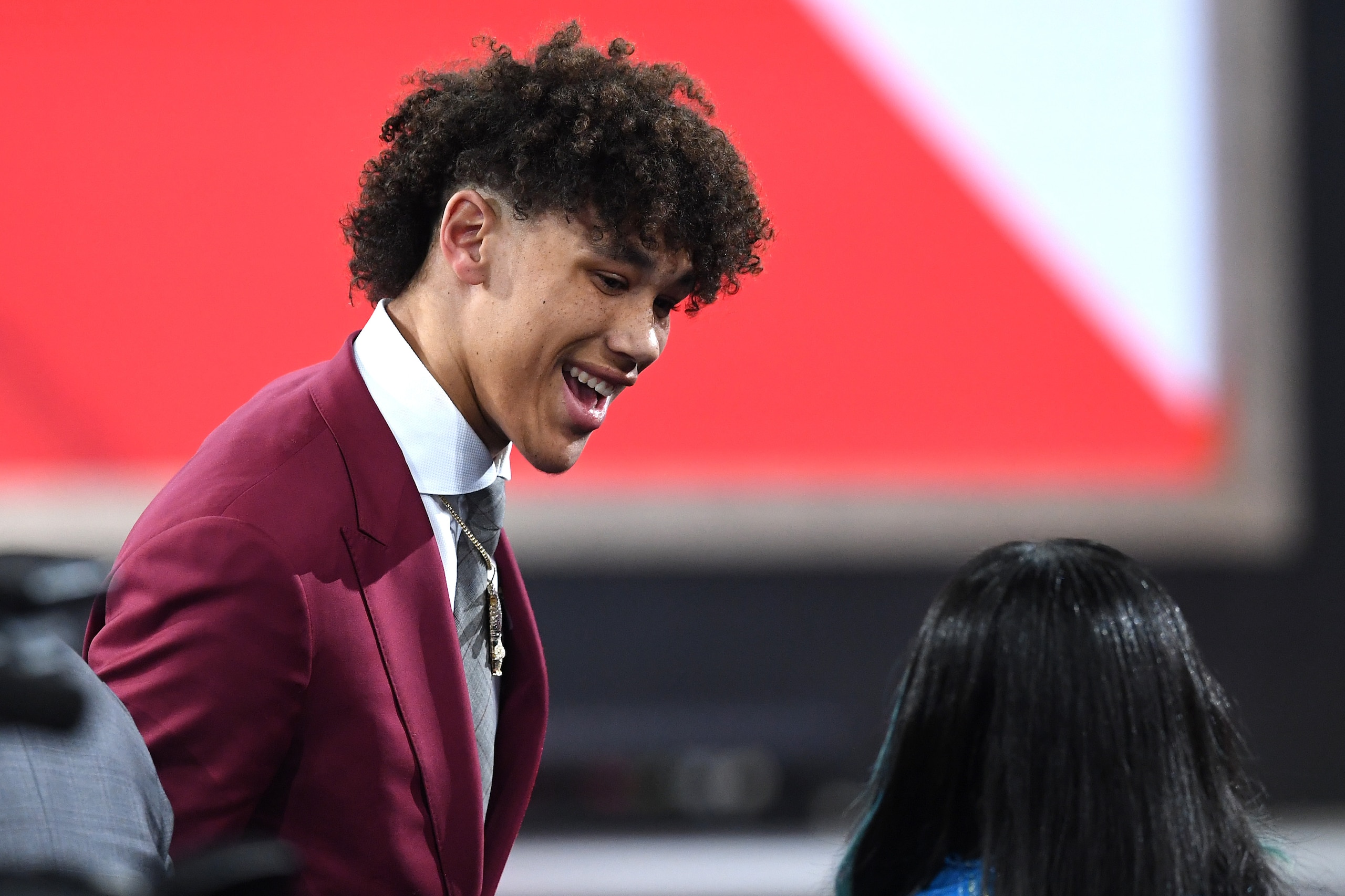 NEW YORK, NEW YORK - JUNE 20: Jaxson Hayes reacts after being drafted with the eighth overall pick by the Atlanta Hawks during the 2019 NBA Draft at the Barclays Center on June 20, 2019 in the Brooklyn borough of New York City. NOTE TO USER: User expressl
