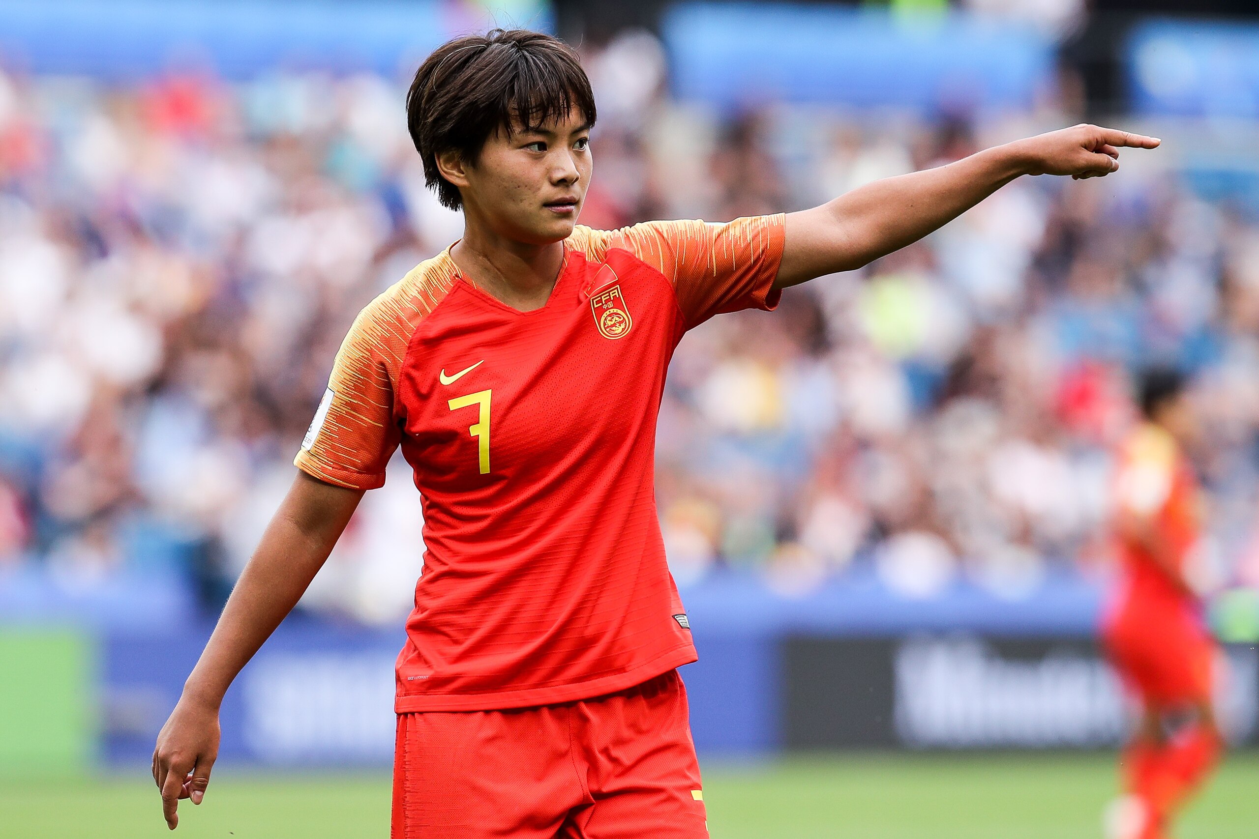 LE HAVRE, FRANCE - JUNE 17: #7 Wang Shuang of China in action during the 2019 FIFA Women's World Cup France group B match between China PR and Spain at  on June 17, 2019 in Le Havre, France. (Photo by Zhizhao Wu/Getty Images)