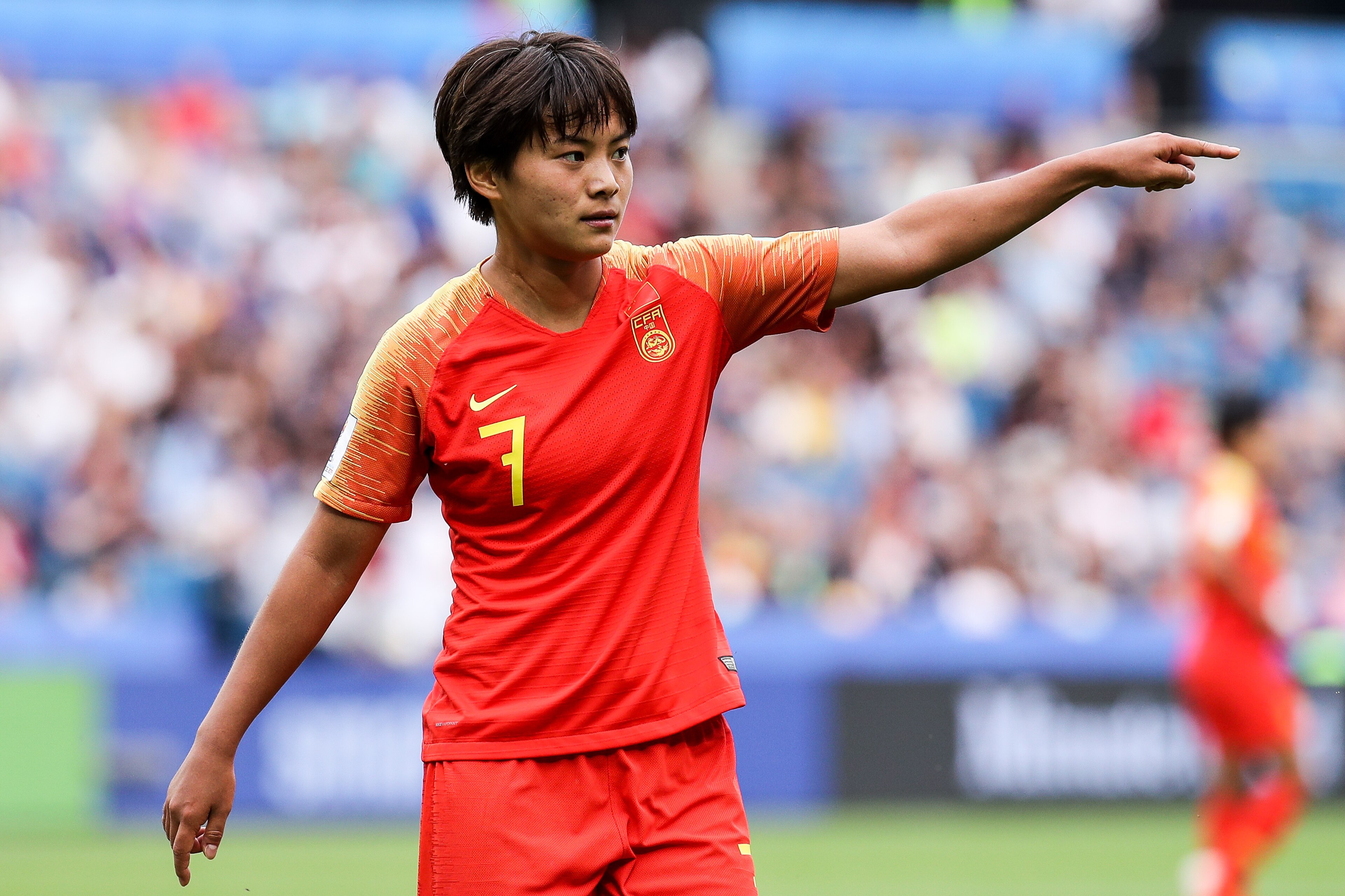 LE HAVRE, FRANCE - JUNE 17: #7 Wang Shuang of China in action during the 2019 FIFA Women's World Cup France group B match between China PR and Spain at  on June 17, 2019 in Le Havre, France. (Photo by Zhizhao Wu/Getty Images)